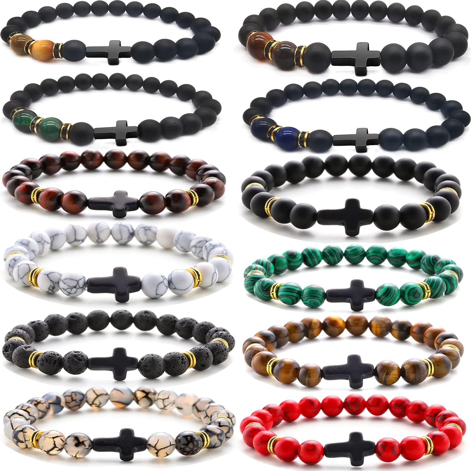 WAINIS12 Pcs 8MM Beads Bracelet for Men Women Lava Rock Tiger Eye Stone Howlite Stone Stretch Elastic Bracelet Set