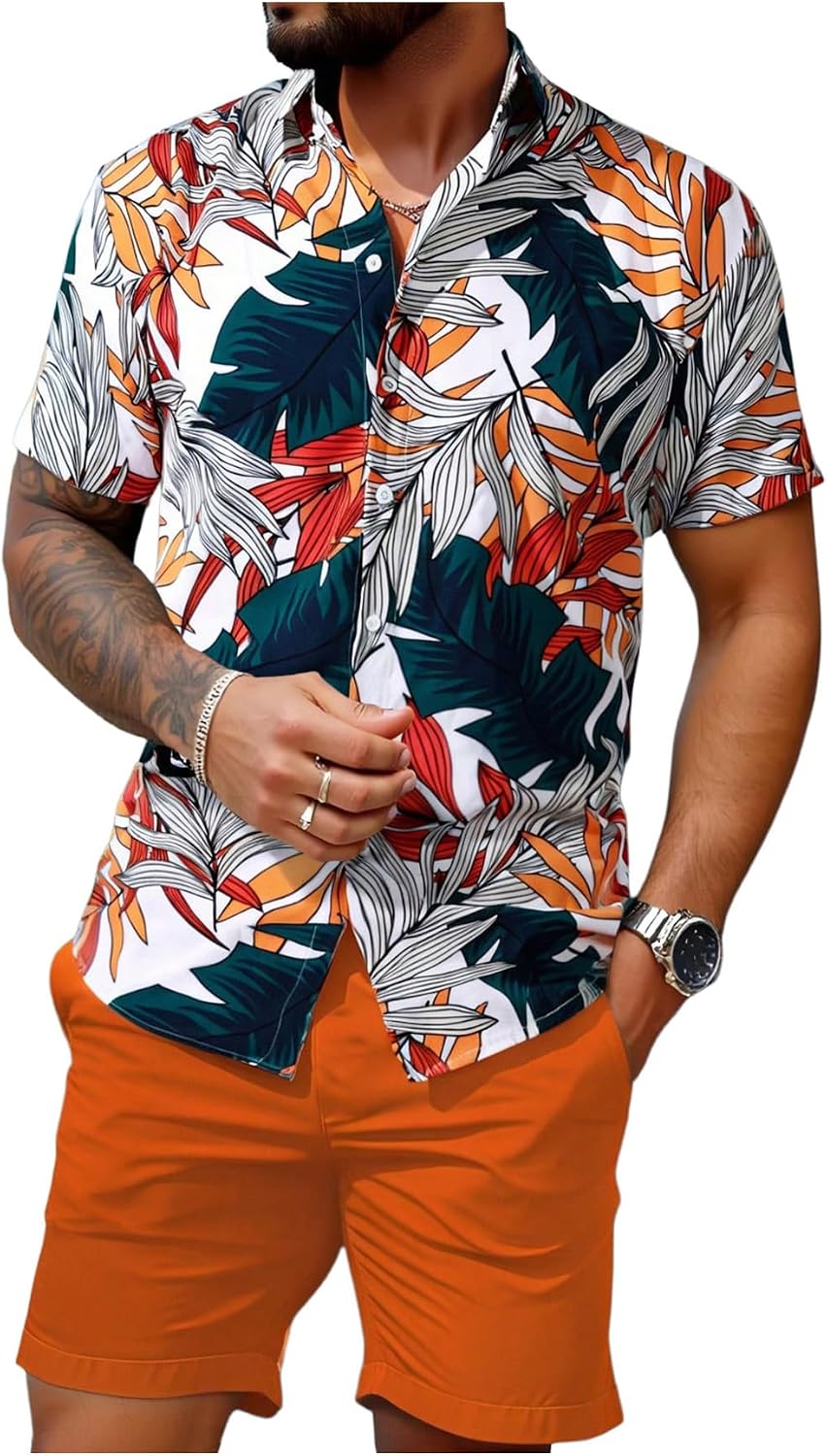 GORGLITTER Men's Summer Beach Outfits Vacation Cruise Tropical Short Sleeve Button Down Hawaiian Shirt and Shorts Sets