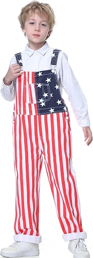 Yuanbang Boys American Overalls Adjustable Straps 4th of July Girls Romper Usa Flag Bibs 6-12 years kids Patriotic Jumpsuit