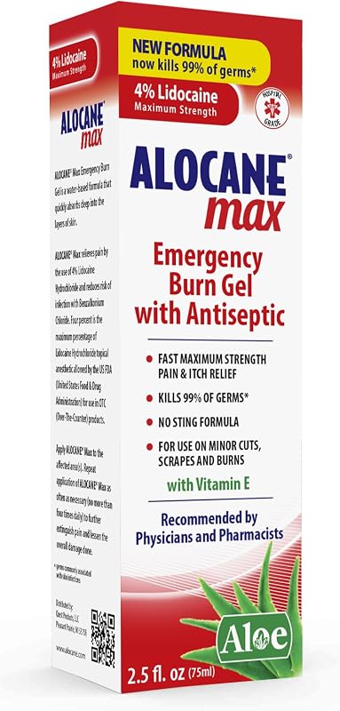 Alocane Max Emergency Burn Gel, 4% clorhidrato de lidocaína, antiséptico mata el 99% de los gérmenes, máxima fuerza para aliviar el dolor y la picazón, para quemaduras solares, gel de primeros auxilios para quemaduras con aloe vera, 2.5 fl oz