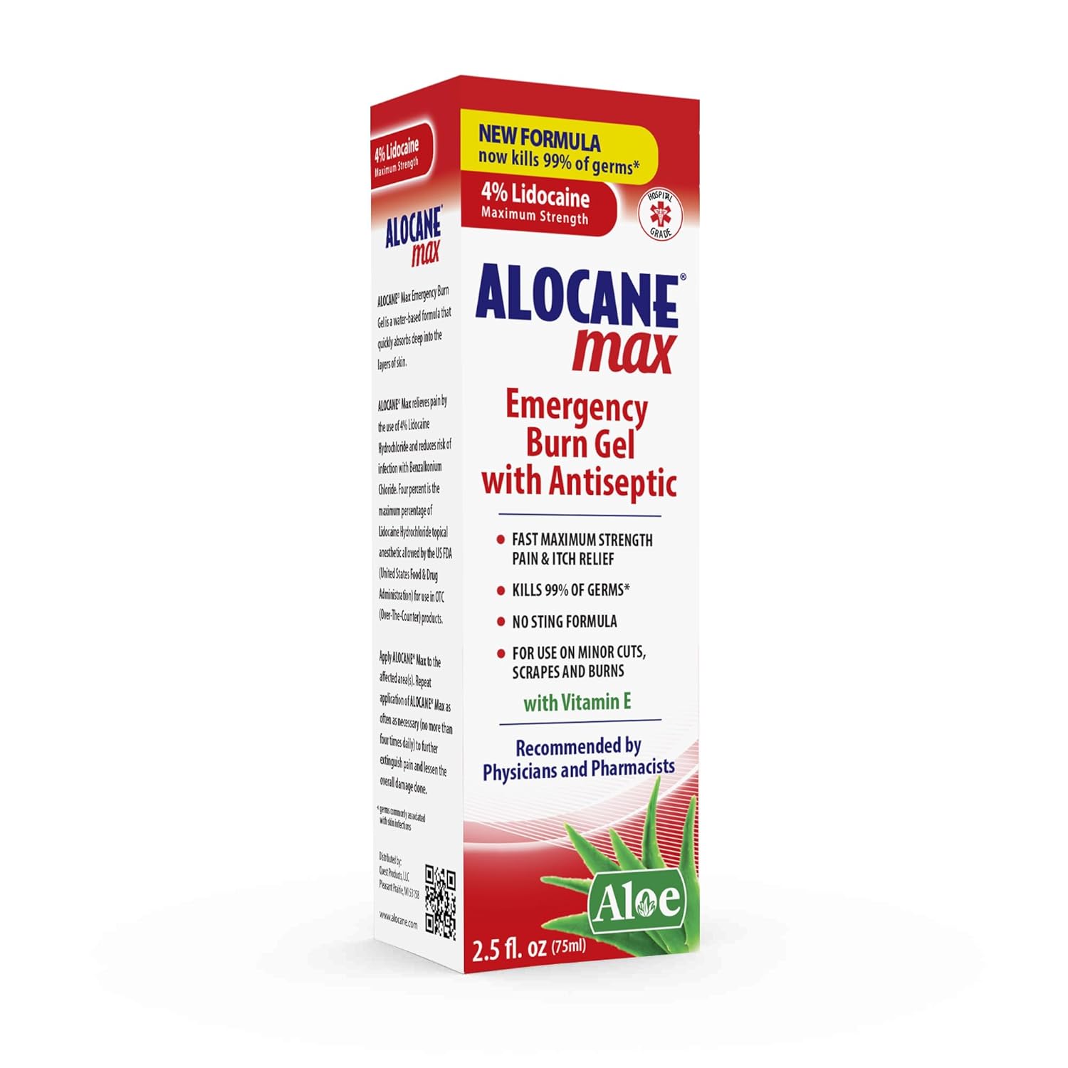 Alocane Max Gel para Queimaduras de Emergência, 4% Lidocaína, Antisséptico com 99% de Eficiência, Alívio Máximo para Dor e Coceira em Primeiros Socorros com Aloe