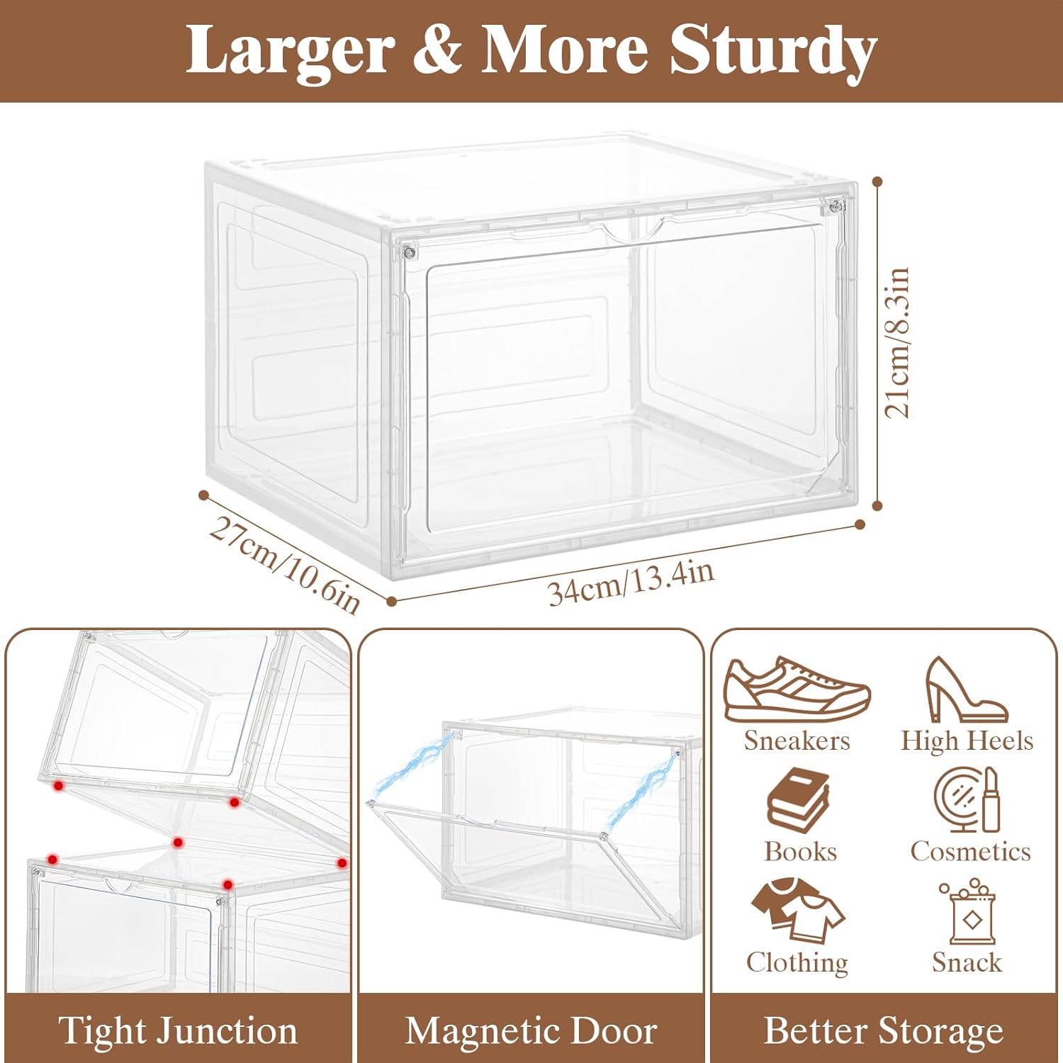 Upgraded X-Large Shoe Storage Boxes 12 Pack Clear Plastic with Magnetic Doors – Display Case Organizer & Sneaker Container Holds Size 12 Shoes, Easy Assembly Shoe Rack Holder