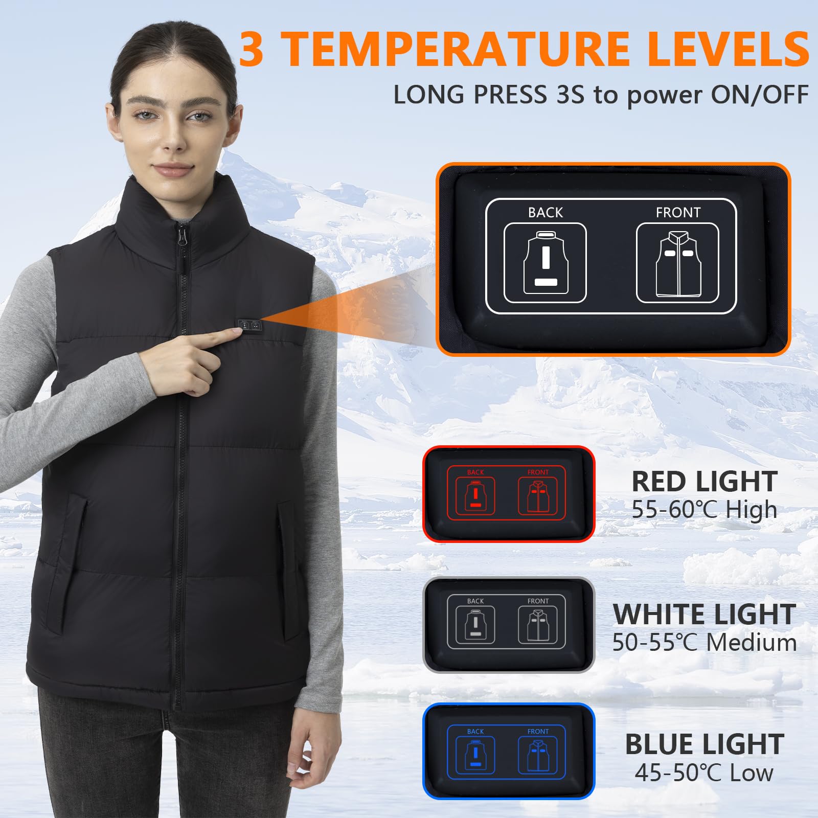 Chaleco Calefactable Hombre con 7.4V 18400mAh Bateria, Chaleco Calefactor de Invierno con 3 Ajustes de Temperatura Lavable para Esquí Camping Caza Pesca Moto