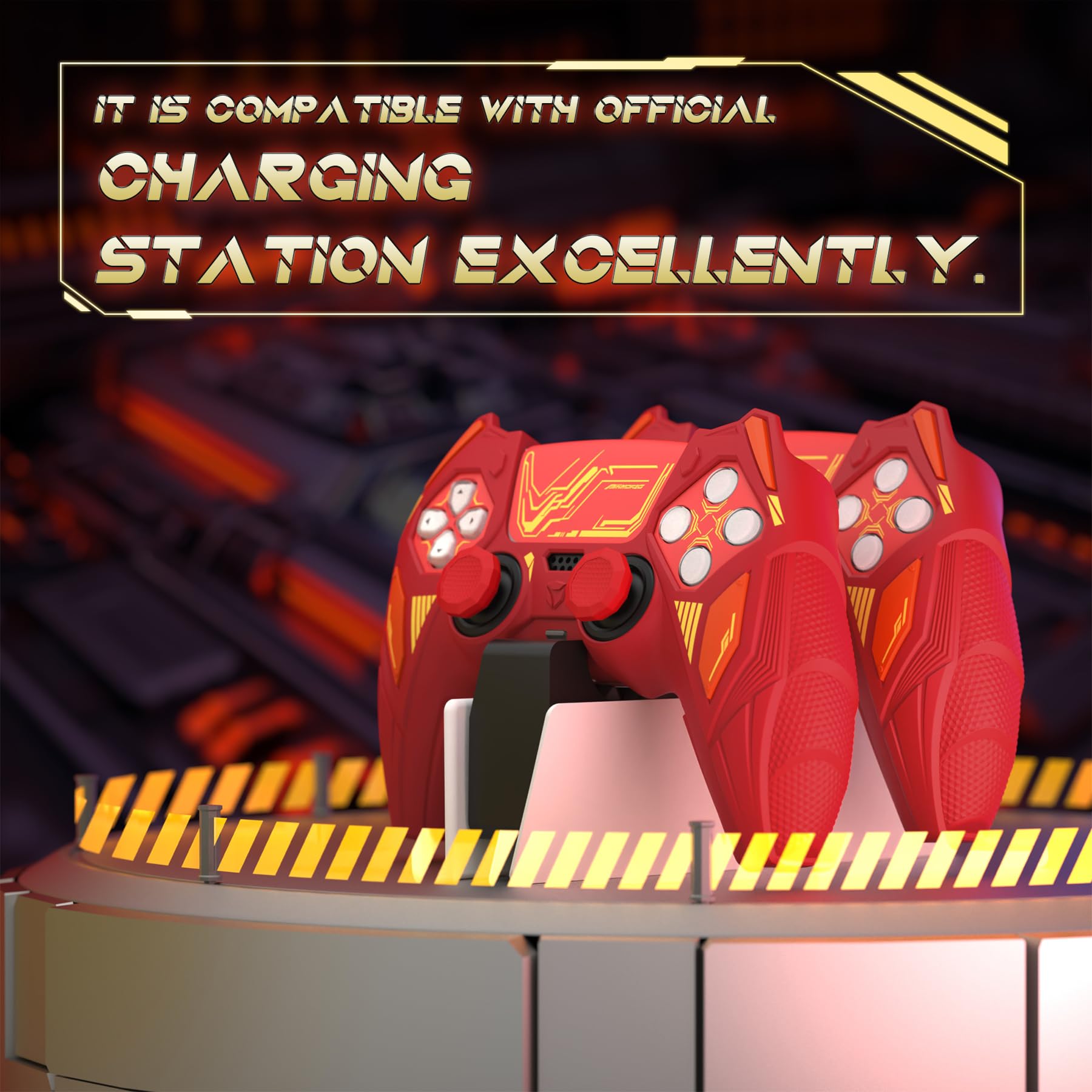 PlayVital Etui Silikonowe do ps5 Kontroler,Obudowa Grip do ps5 Akcesoria z Ochroną Joysticków & Naklejka,Osłona Kompatybilne ze Stacją Ładującą–Klasyczny Czerwony & Ceglasty Czerwony,Mecha Rhino