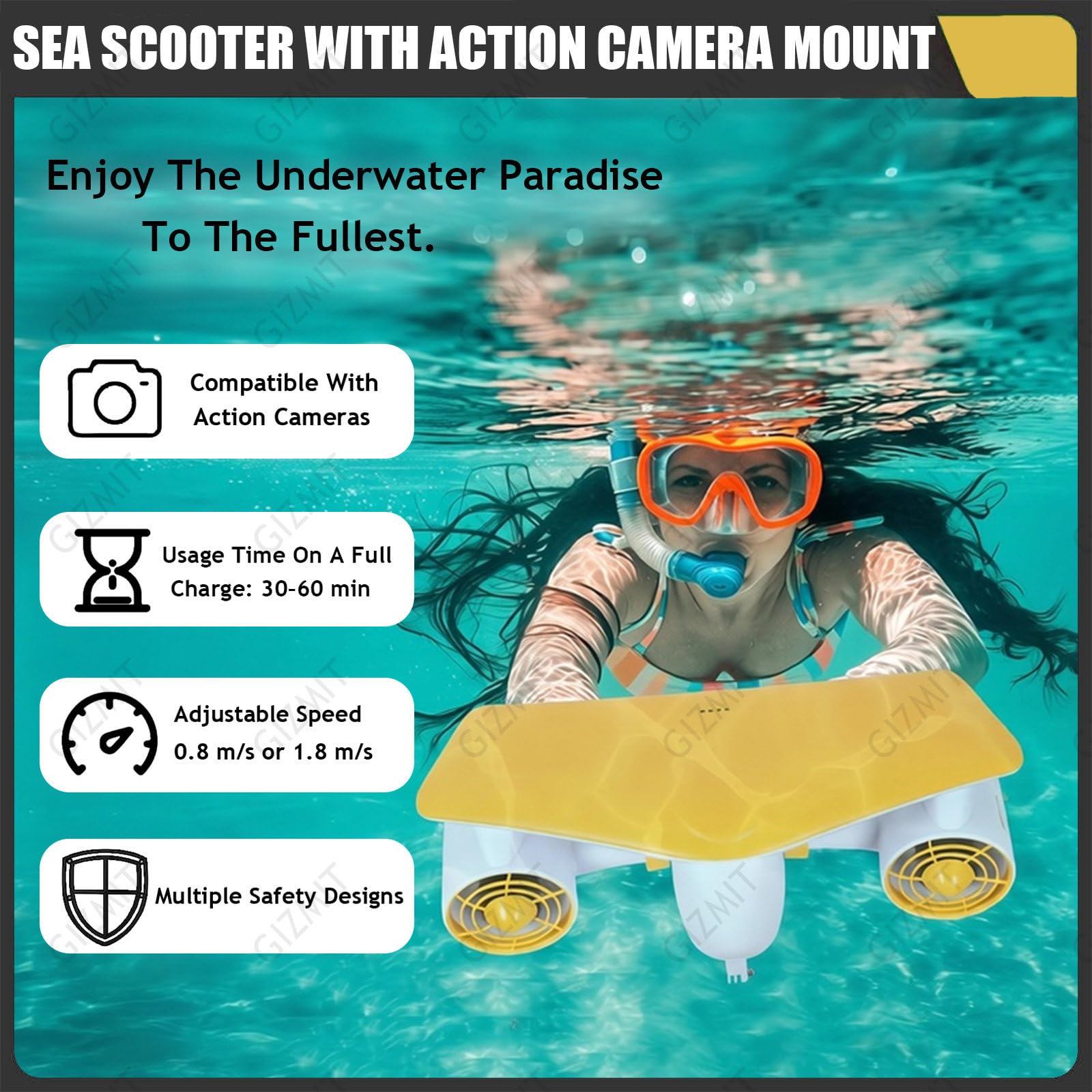 Scooter Submarino, propulsor acuático de Doble Motor con Soporte para cámara de acción, 2 Modos de Velocidad y batería extraíble; Ideal para Buceo y natación en Piscina. Black