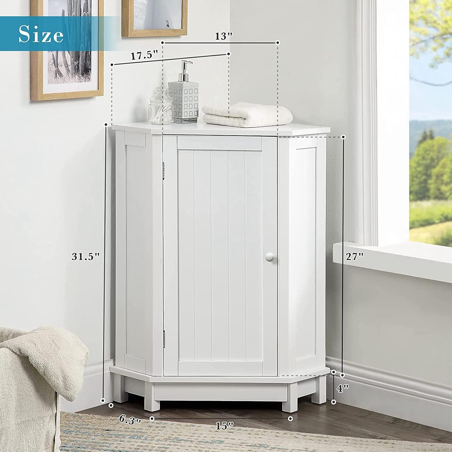 Corner Cabinet with Door - Bathroom Storage with Removable Shelves - White