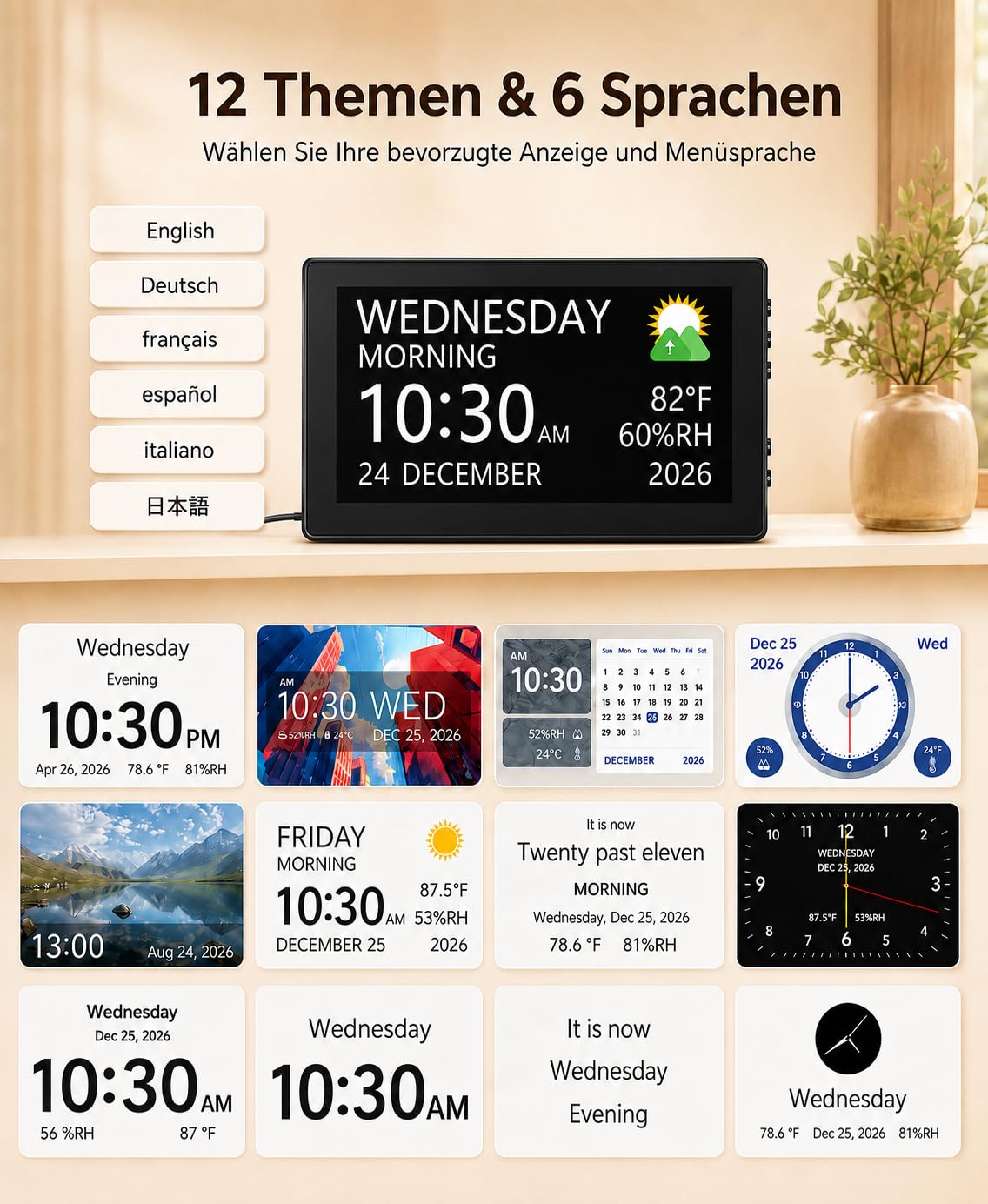 Roxicosly 10.1' Digitaler Kalender, Digital Uhr mit 20 Alarmen & Erinnerungen, 12 Themen, 12/24HTemperatur & Luftfeuchtigkeit, Dimmbar & 6 Sprachen, USB & SD, Wecker Digital für Senioren