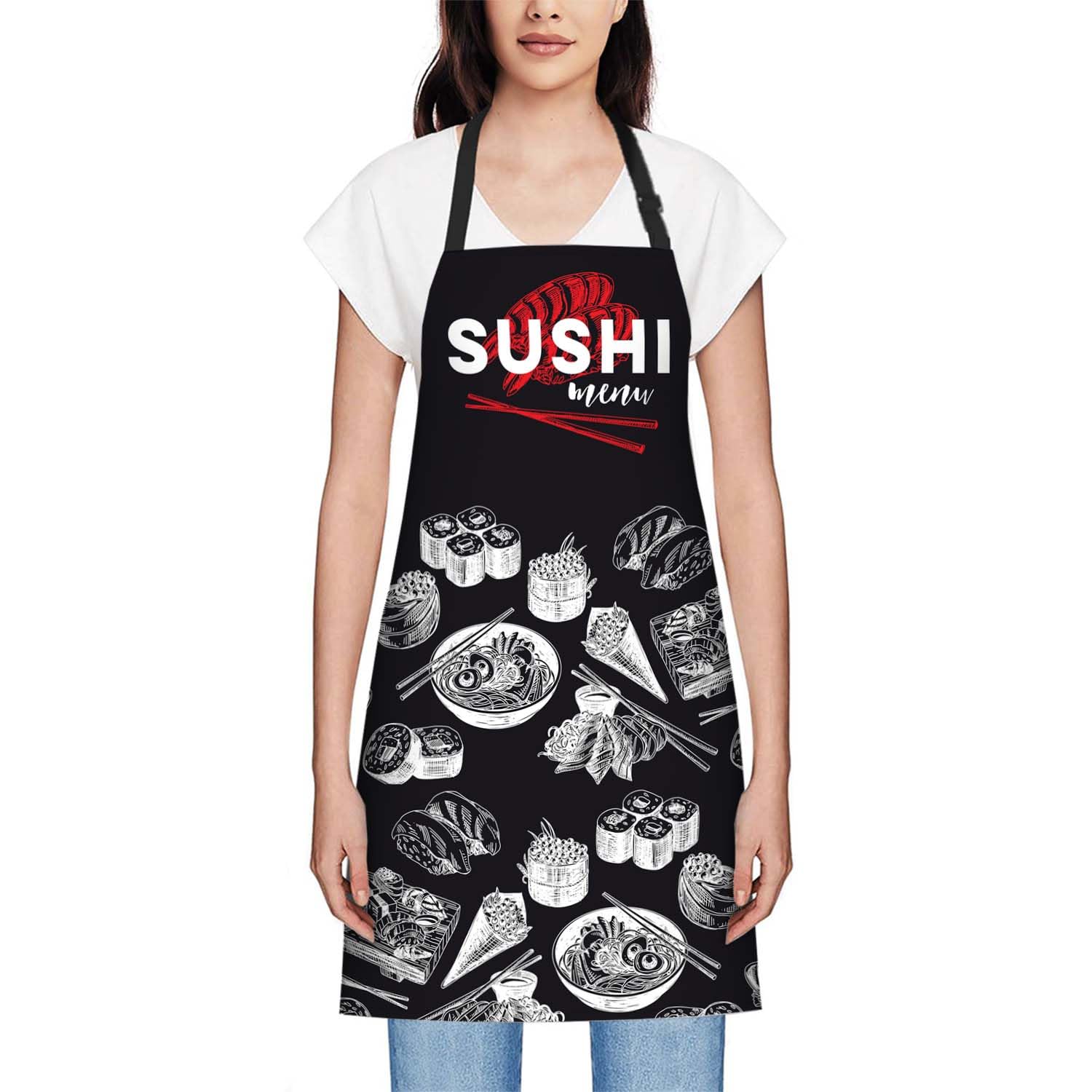 Smooffly Sushi Bar Menu Apron Adjustable Apron Cooking Kitchen Chef Women Men Aprons for Home Kitchen Restaurant - Image 2