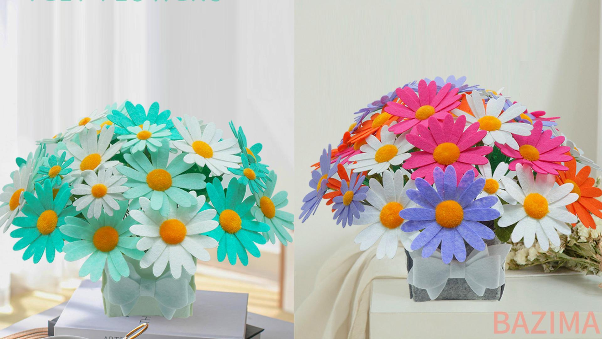 BAZIMA DIY Felt Flower Art Craft Kit, Daisy Pot Bonsai Kit, 33 Daisies