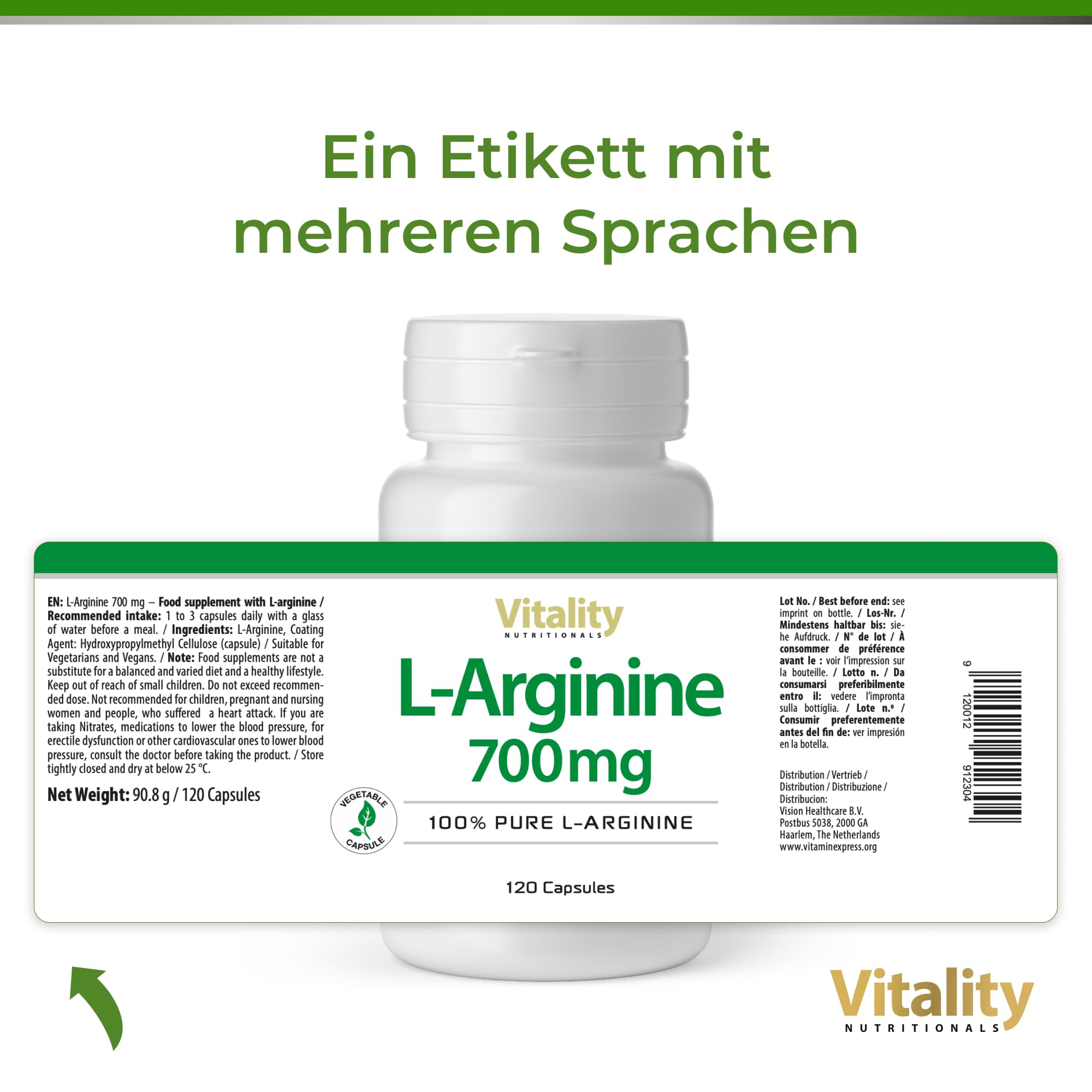 L-Arginin Hochdosiert 700 mg. Essenzielle Aminosäure 100% natürlich aus Fermentation (120 Kapseln) Hohe Bioverfügbarkeit & Bioaktivität. Premium L-Arginine Vitality Nutritionals by VitaminExpress