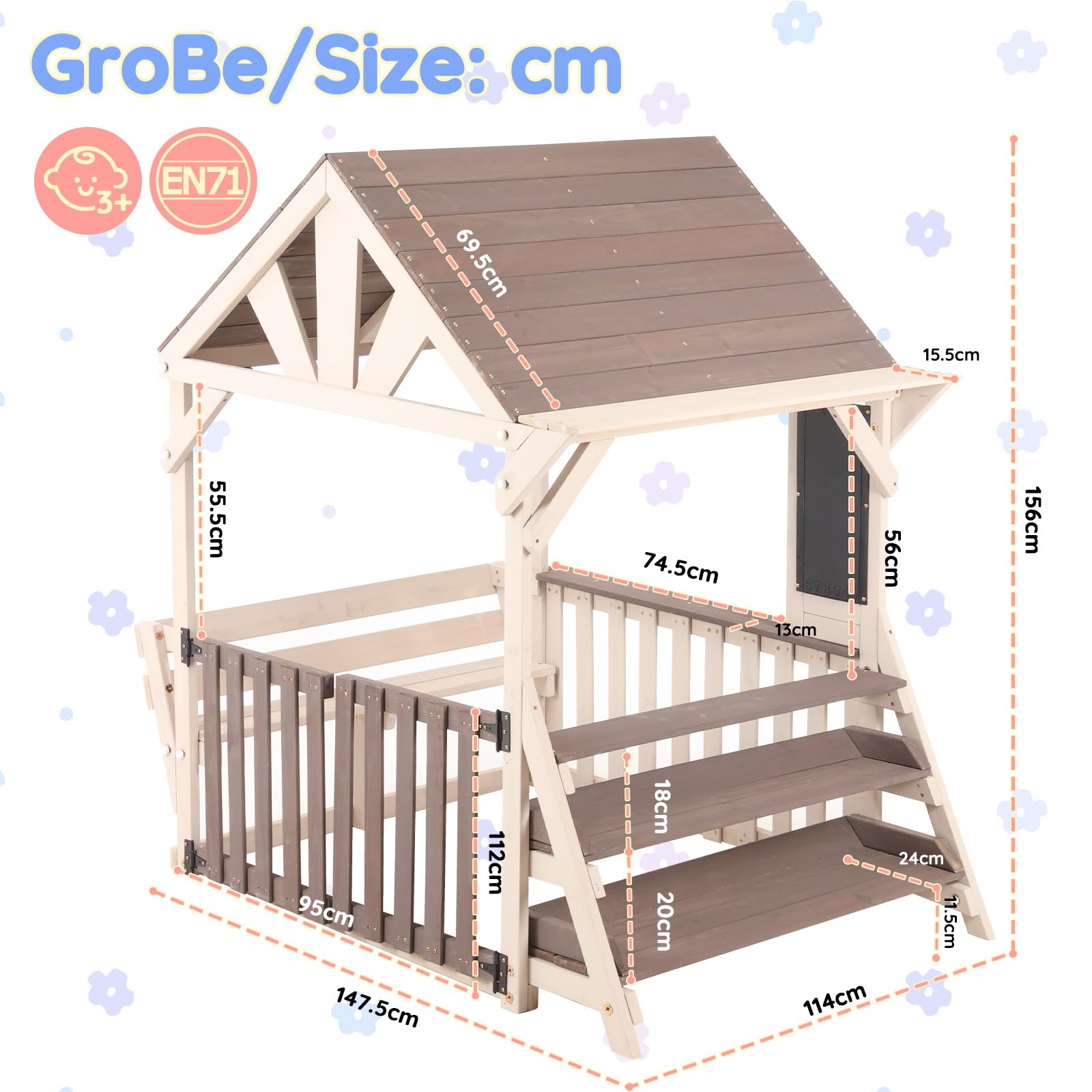 Set da cucina per esterni, a forma di casa, in legno con tetto antipioggia e ringhiera a mezza altezza, scaffale multiuso per piante e giocattoli, per bambini dai 3 anni in su, casa giochi
