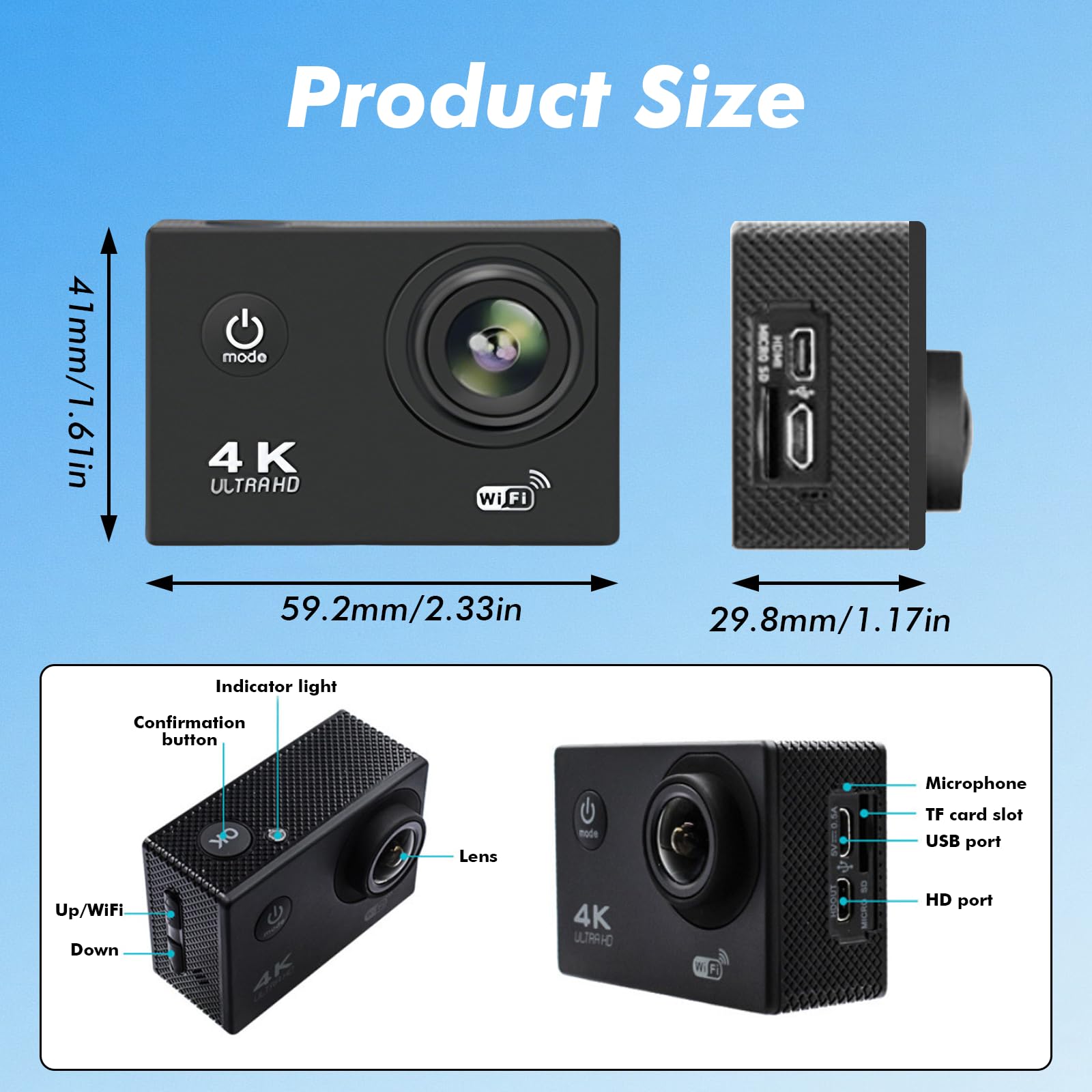 Action Cam 720P 30FPS mit 64GB Karte,20MP Unterwasserkamera bis 40m, Touchscreen,140° Weitwinkel Sportkamera,EIS Stabilisierung & WLAN für Fahrrad, Schnorcheln,Motorrad