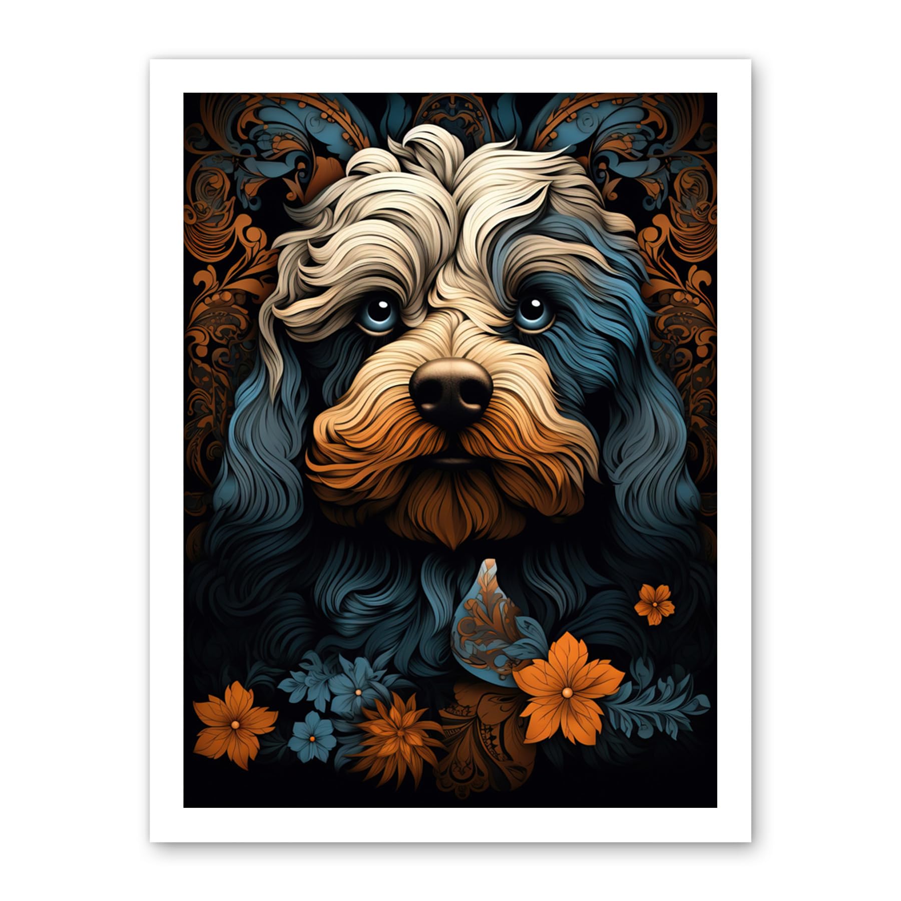 Artery8 Cockapoo Dog with Flower Patterns Art Nouveau Artwork Orange Blue Floral Portrait Design Artwork Framed Wall Art Print 18X24 Inch