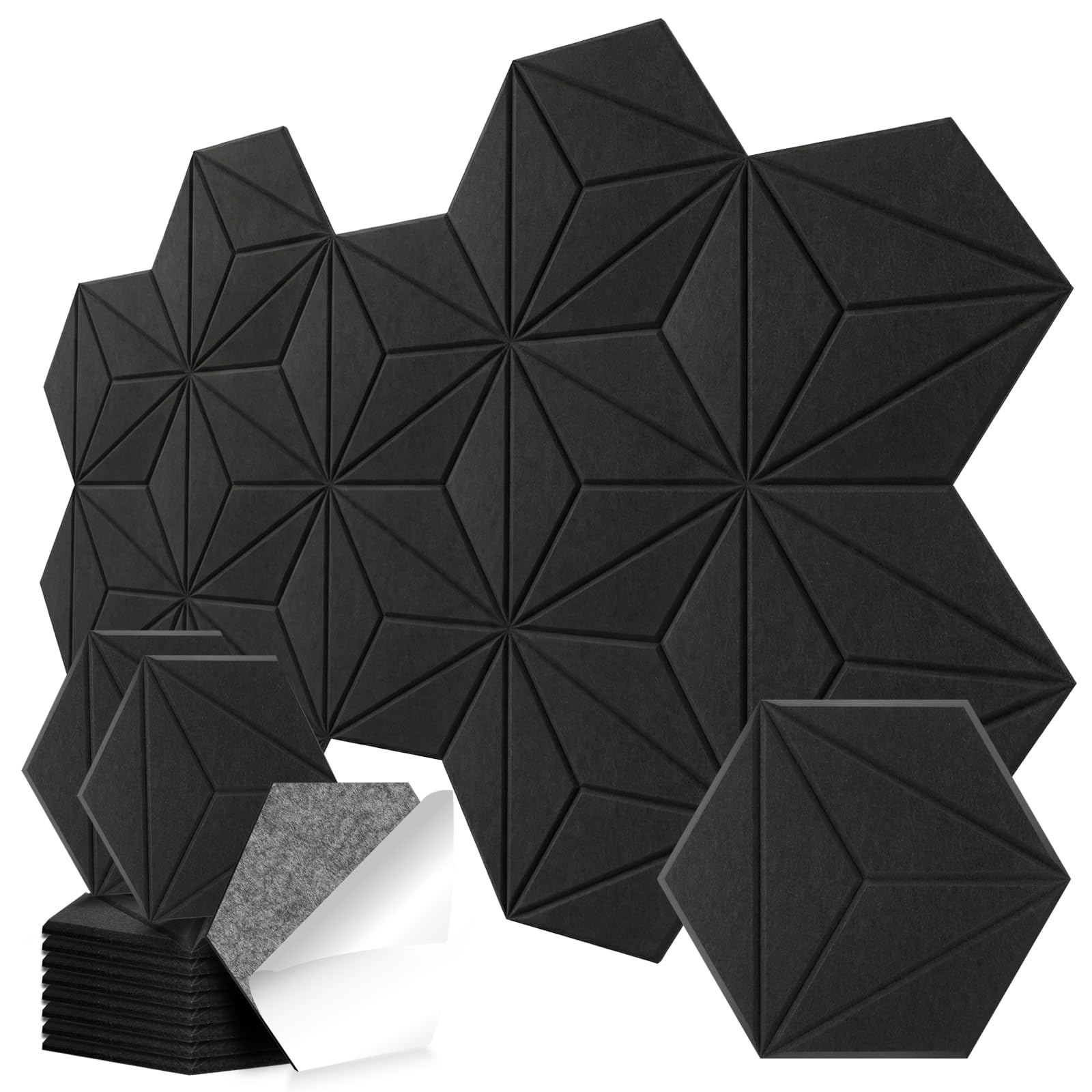 12 Pack Hexagon Acoustic Panels, DIY Sound Proof Foam Panels for Walls, High Density Self-Adhesive Noise Reduction Panels, Flame Retardant, Noise Absorbing & Echo Reduction, 12" X 10" X 0.4" Black