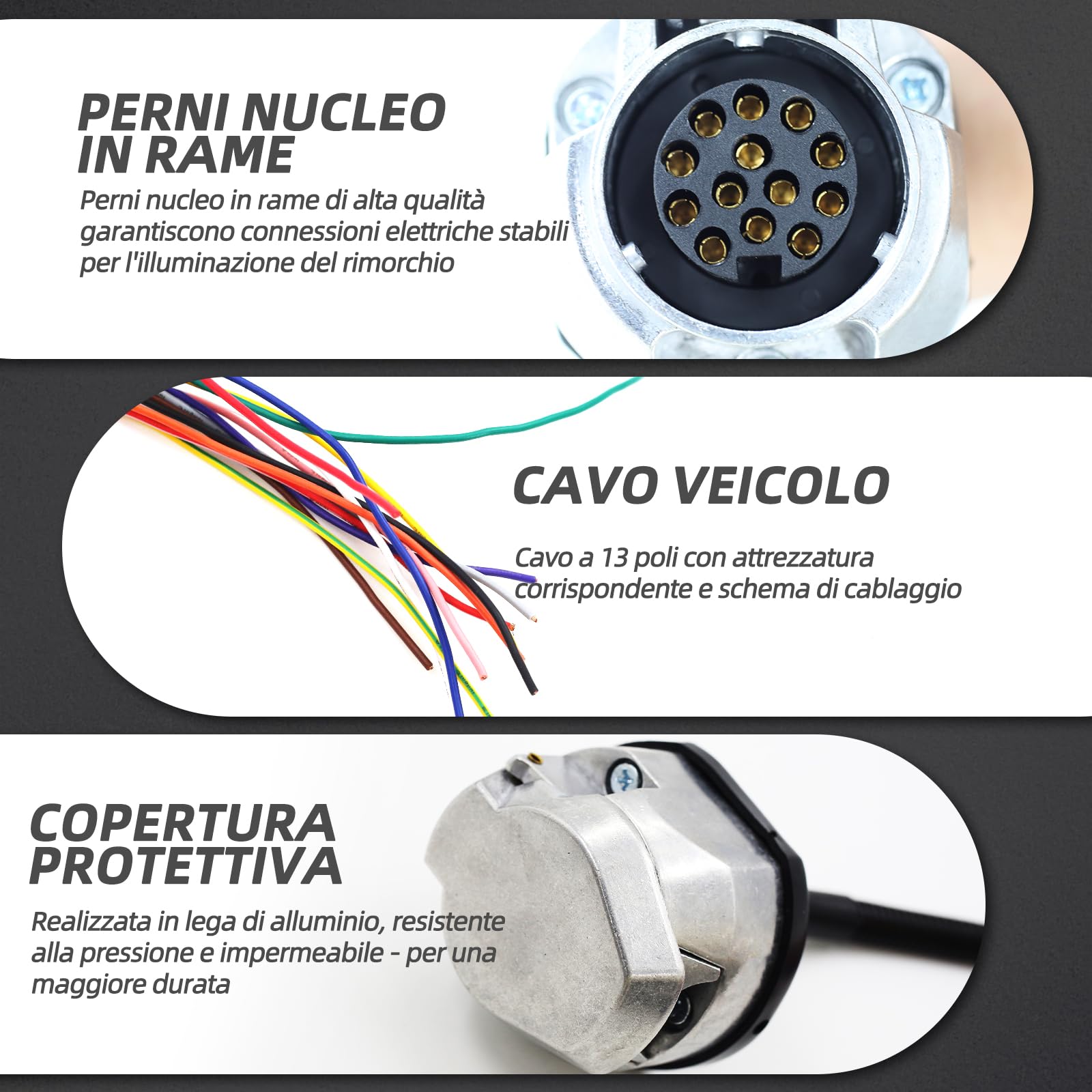 Connettore per rimorchio a 13 poli con cavo da 2 m, adattatore per rimorchio e cavo di prolunga, presa per rimorchio con copertura in metallo, impermeabile, adatto per roulotte, camper, camion