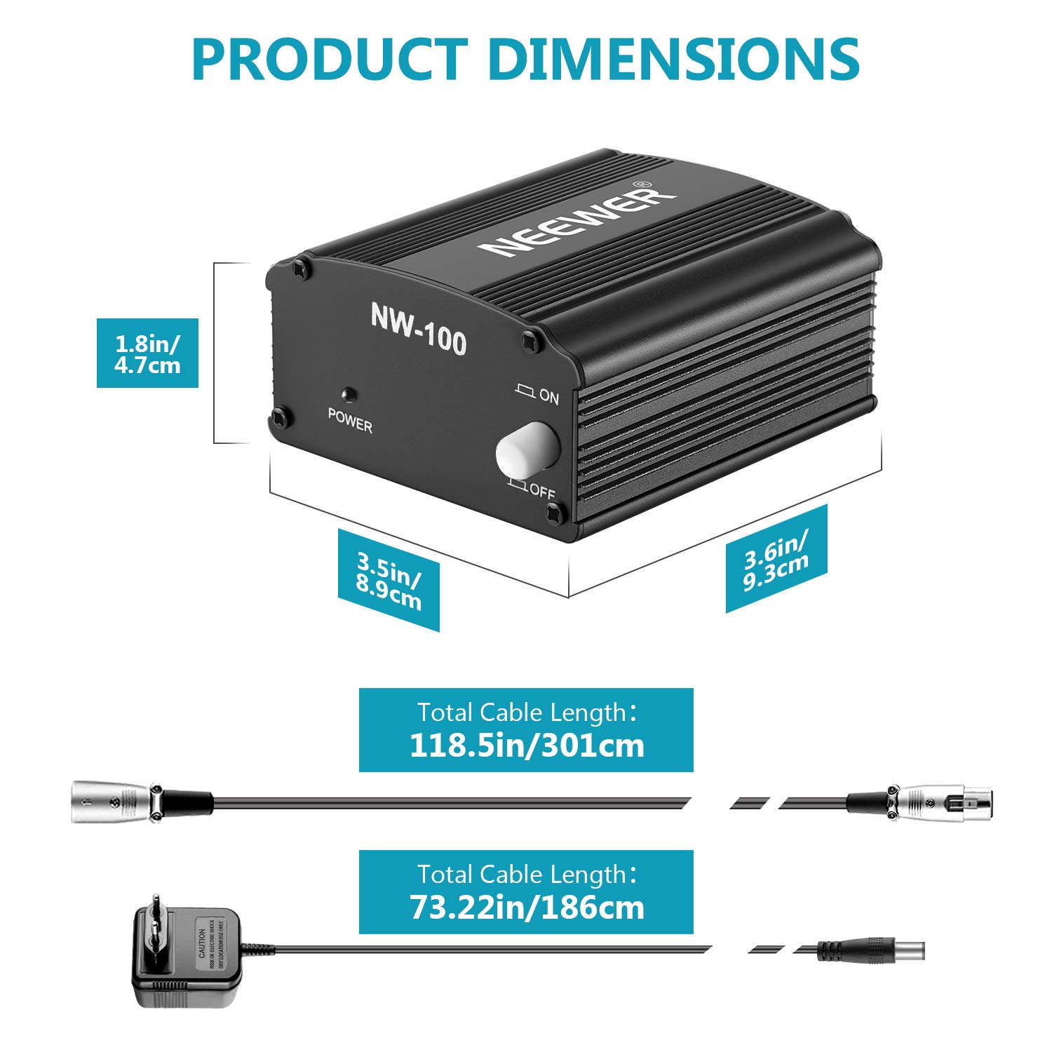 Neewer 1- Canal 48V Alimentation Fantôme Noir avec Adaptateur et un XLR Câble Audio pour Tous Microphones à Condensateur Musique Dispositifs d'Enregistrement