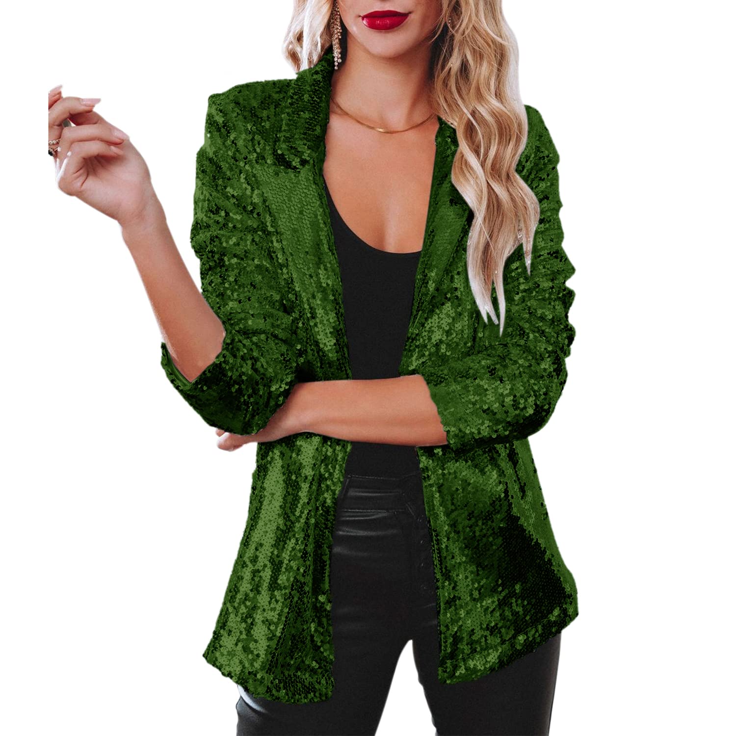 Sequin Blazer for Women Evening Party Slim Fit Shiny Sparkly Boat Neck Suit Jacket Green M