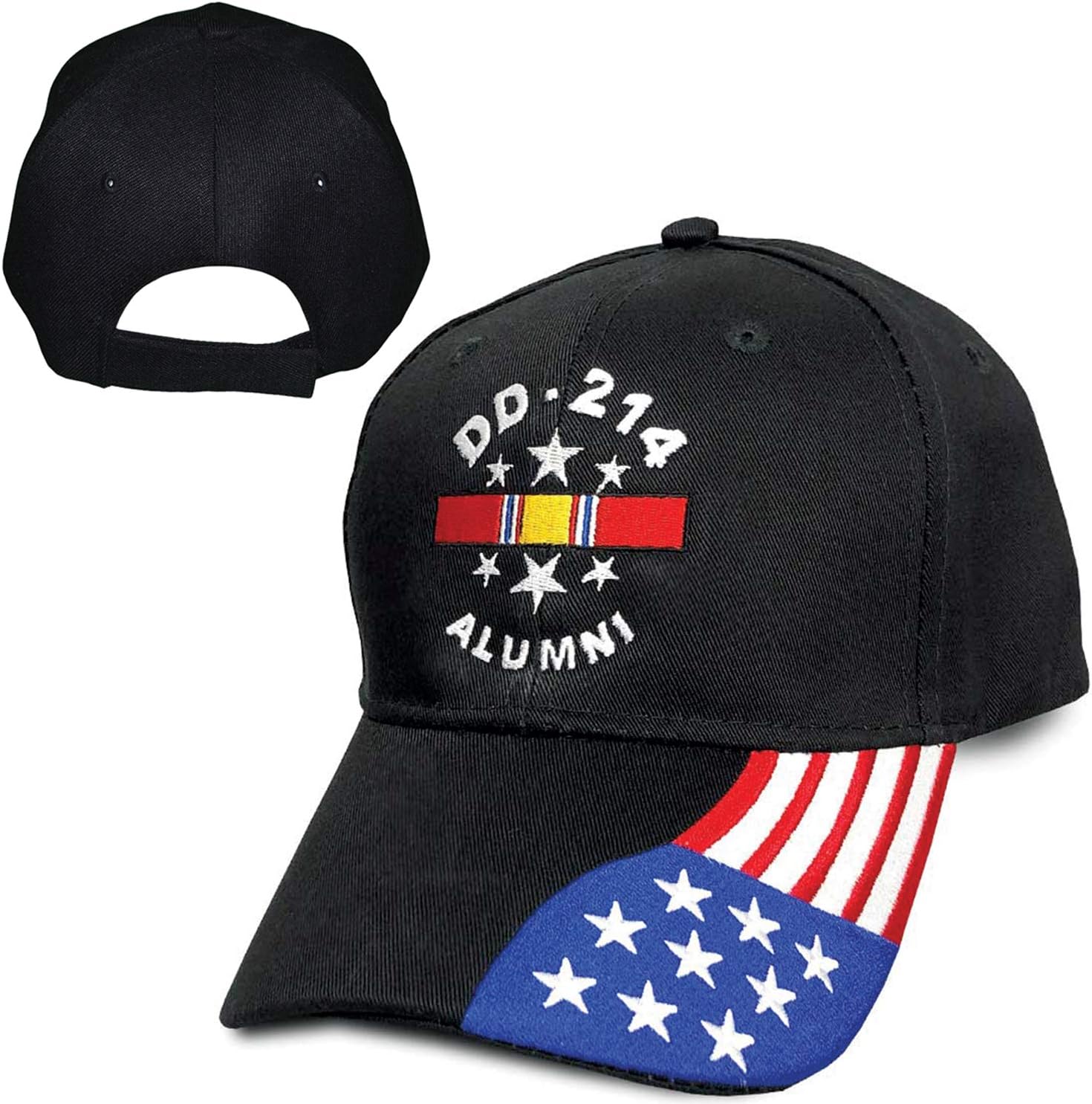 DD-214 Alumni Black Hat with National Service Ribbon and American Flag Bill