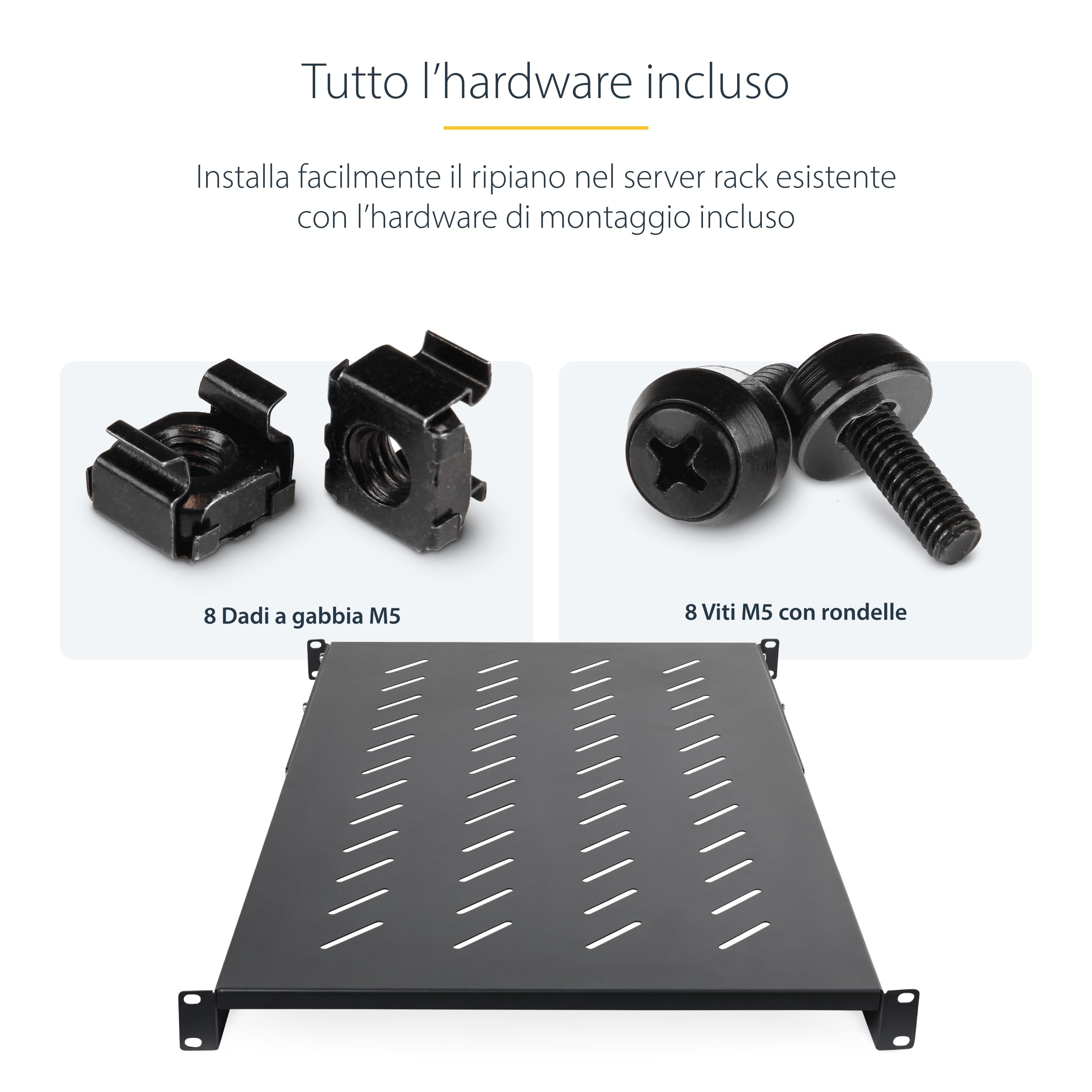 StarTech.com Ripiano Rack 19" 1U Ventilato, Mensola Regolabile (71,1-87,3cm) in Acciaio per Armadio Rack a 4 Montanti. Max 68kg