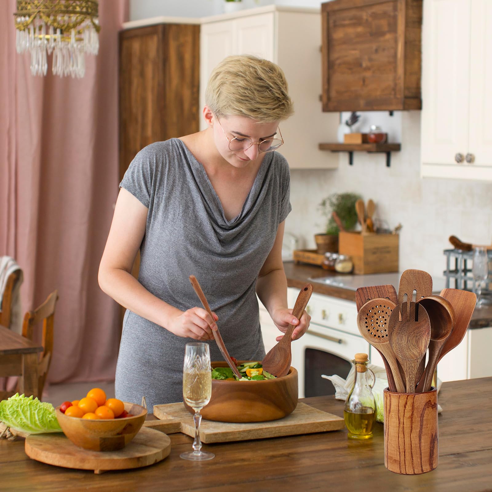 Set Mestoli in Legno, 7 Pezzi Utensili Cucina in Teak - Include Spatola, Cucchiaio, Mestolo e Scolapasta - Adatto per Padelle Antiaderenti