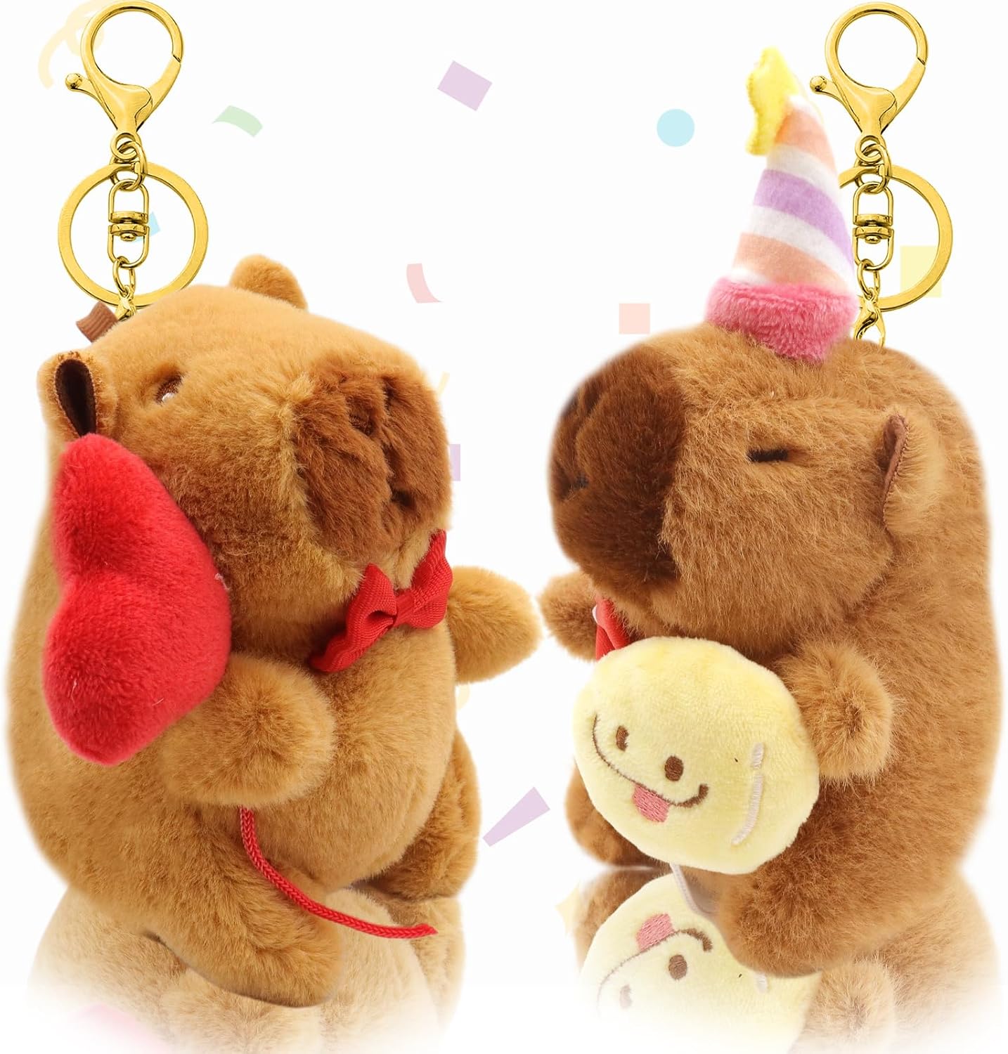 2 Pack Capybara Keychain Plush, Capybara Peluche Cute Key Chain with Clothes Backpack Accessories, Soft Animal Birthday Party Gift for Adults, Christmas Crafts, Stocking Stuffers (Birthday hat)