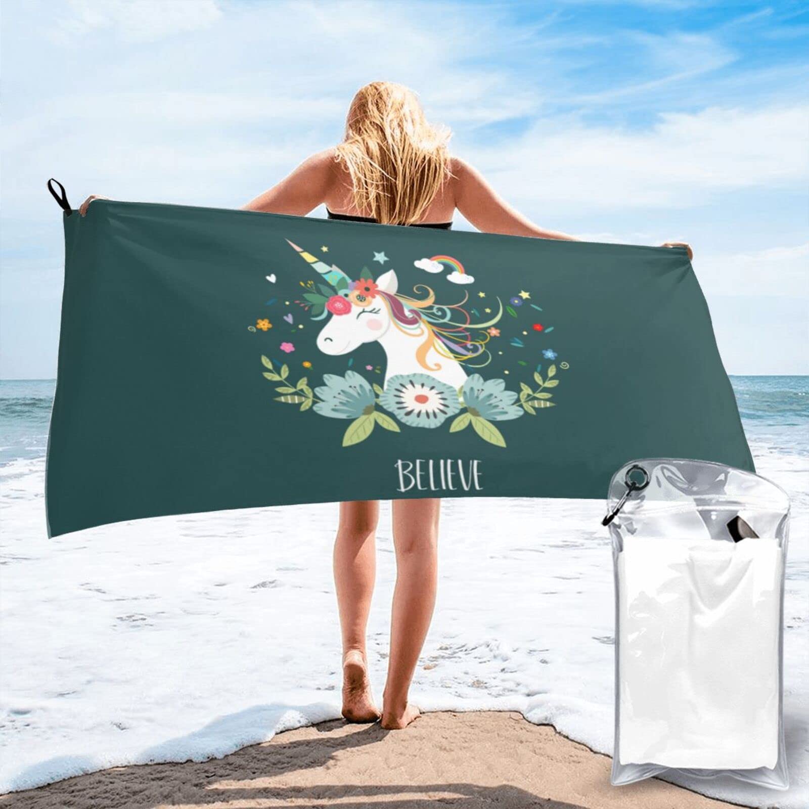 Lawenp Floral Unicorns Microfiber Beach Towel Adults Large Quick Drying Bath Towel Travel Towels with Pouch 31.5"x63"