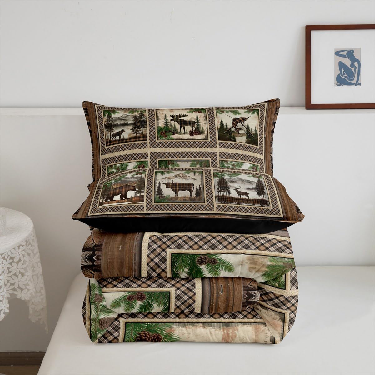 Feelyou Rustic Bear Comforter Set Twin Size Boys Girls Farmhouse Deer Bedding Set for Kids Cabin Moose Duvet Quilt Highland Cow Brown Plaid Grid Room Decor