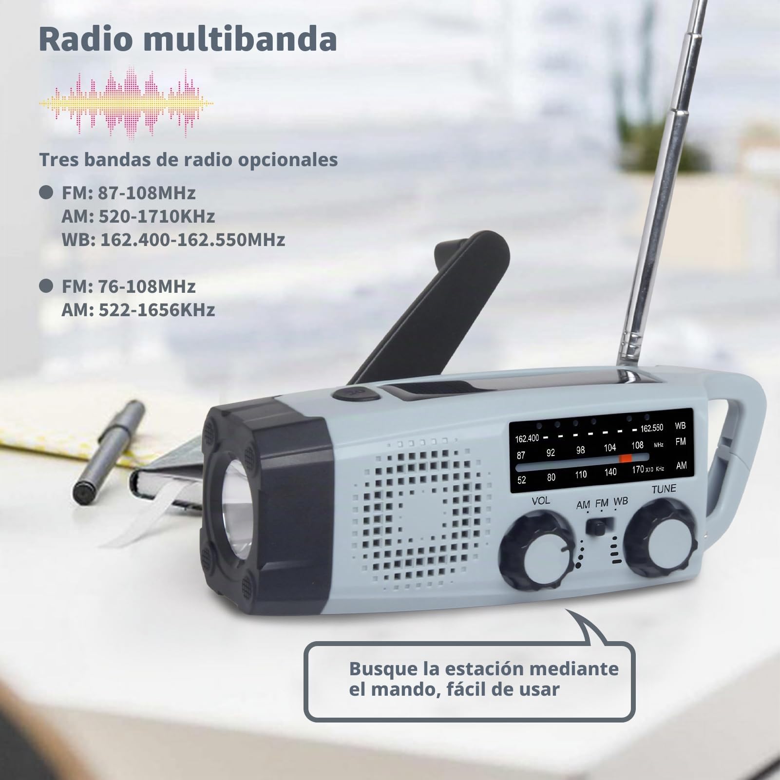 Radio de Emergencia Portátil Radio de Manivela con Linterna LED Alarma SOS Am FM 2000mAh Power Bank USB para Acampada Invernal Emergencias Invernales Regalos Unisex