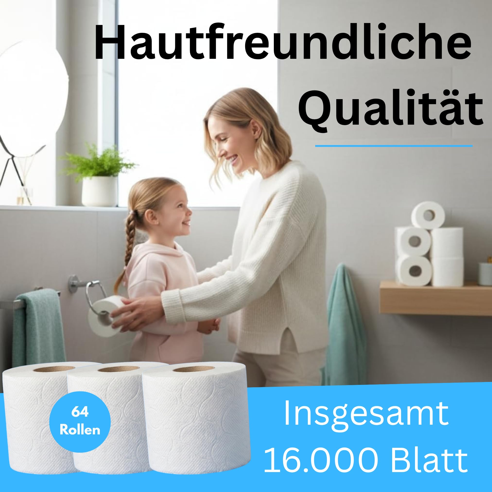 CleanClub Toilettenpapier – 2-lagig, weiß – 64 Rollen Klopapier x 250 Blatt – extra weiches WC-Papier für Zuhause & Büro