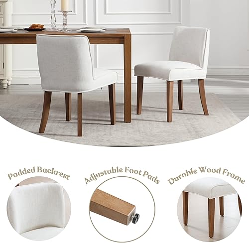 Miniatura 5 de Juego de 2 sillas de comedor blancas con patas de madera, sillas de lino tapizadas para cocina, comedor, restaurante