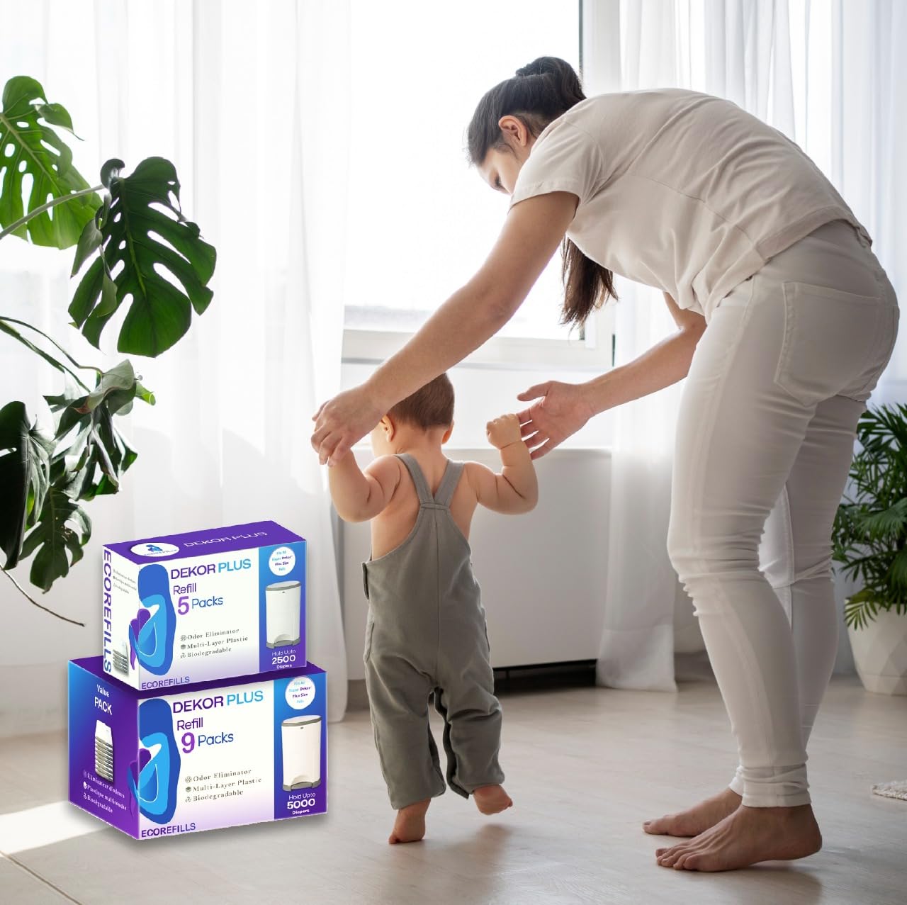Paquete de 5 forros de recambio de pañales para cubos de pañales DEKOR PLUS con 30% de grosor extra con potente eliminación de olores a prueba de fugas, aroma a polvo con capacidad para hasta 2500