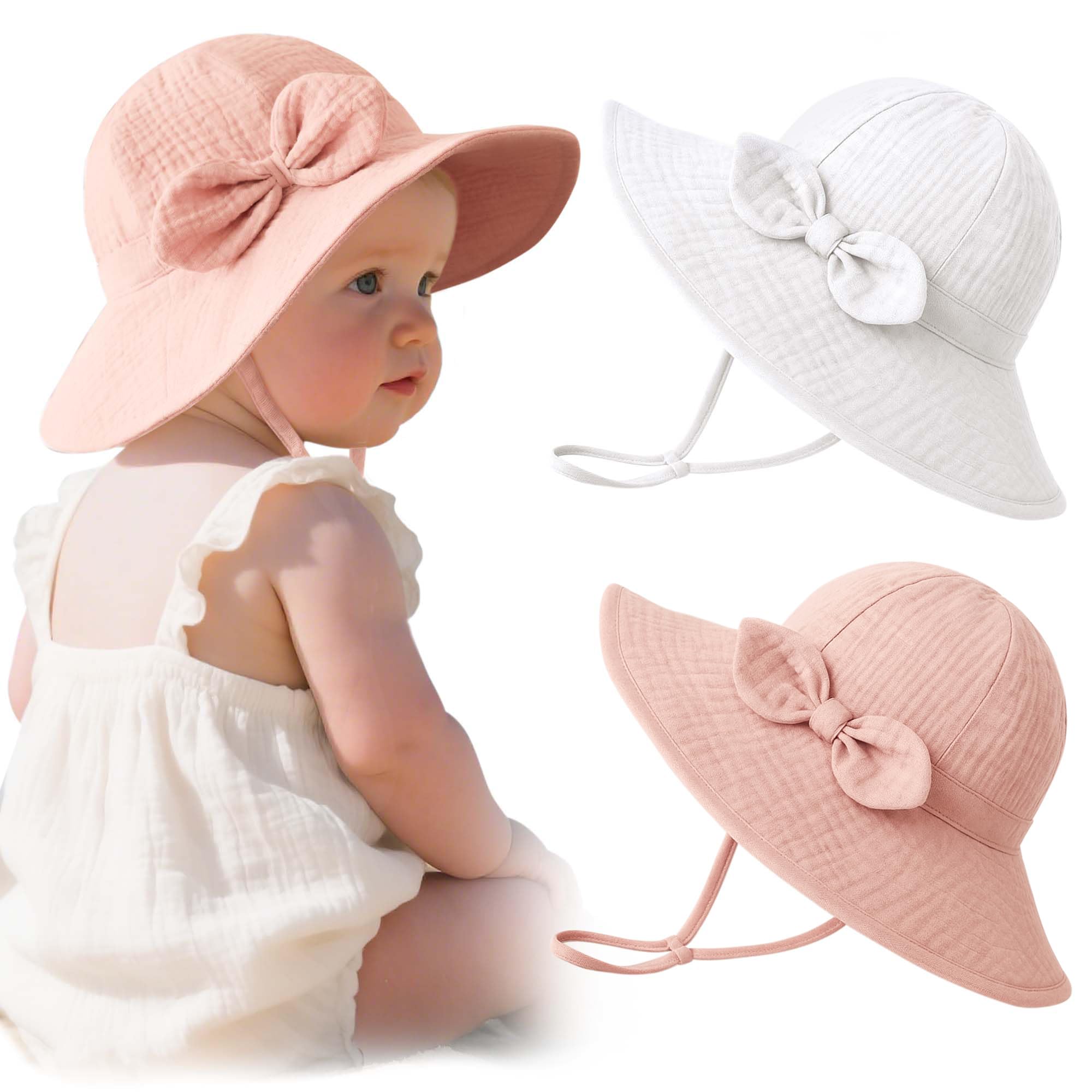 Konssy 2-Pack Muslin Sun Hats with Bows