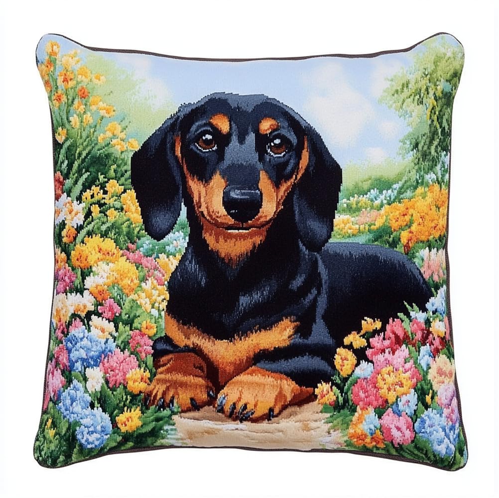 ORLUMY Latch Hook Kits Dachshund Floral Path Latch Hook Cushion Kits DIY Cross Stitch Sofa Cushion Cover with Latch Hook Tool Fit for Teenager and Adults Latch Hook Cushion Cover Kit 43X43Cm