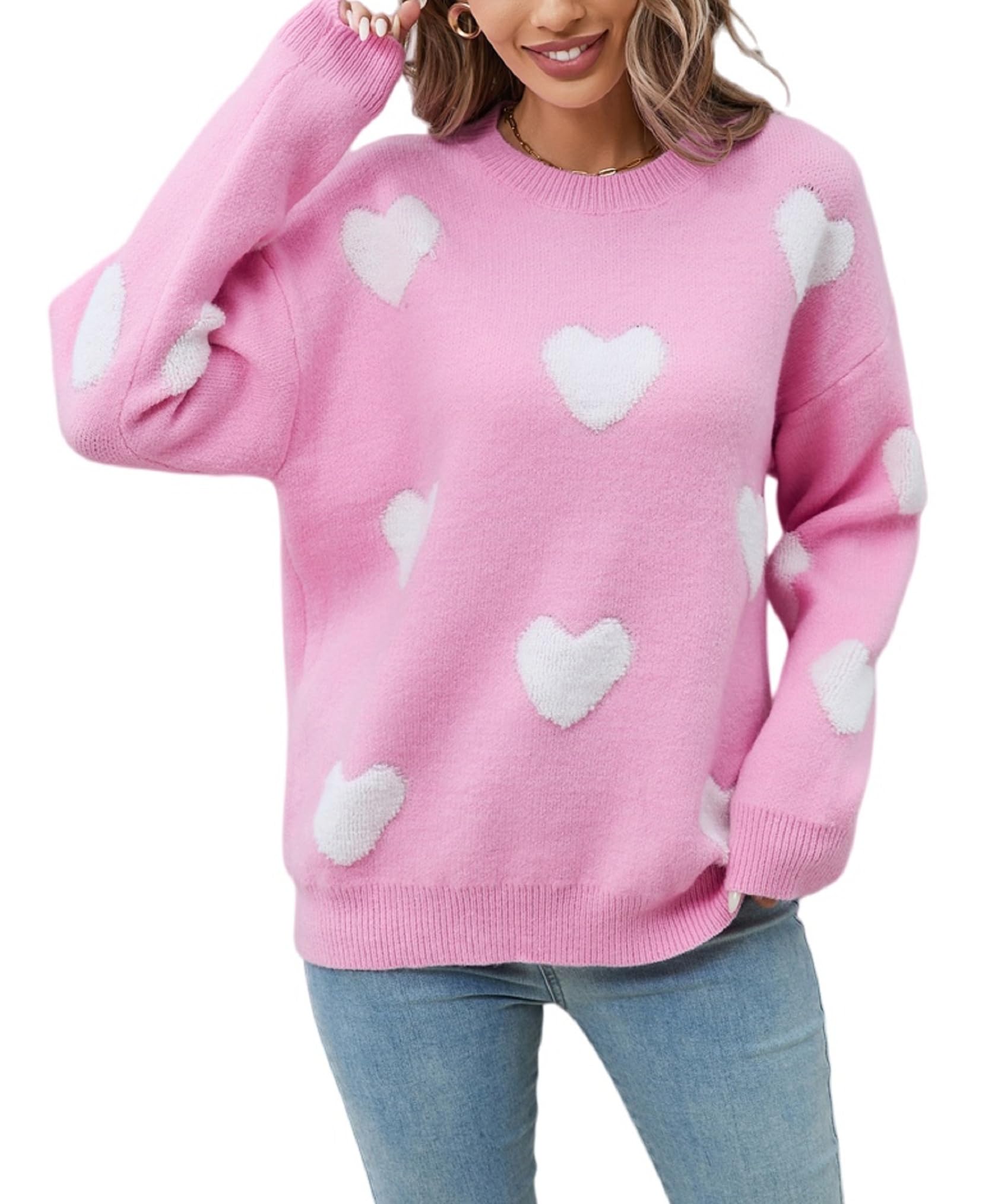 UAURORAO Fuzzy Heart Sweater for Women Cute Valentines Day Sweaters Long Sleeve Crew Neck Sweatshirt Knit Pullover Tops