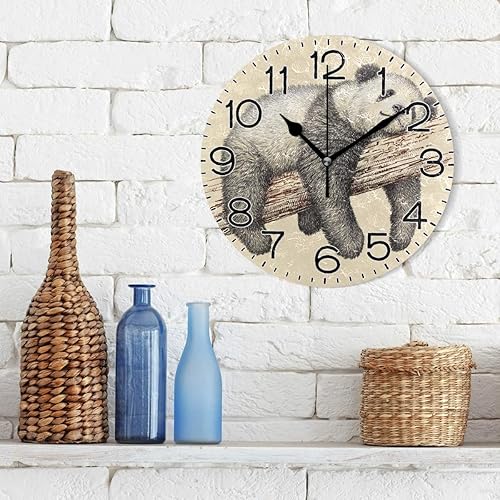 Miniatura 3 de Reloj de pared con diseño de oso panda, funciona con pilas, silencioso, de cuarzo, analógico, rústico, rústico, estilo retro, decoración para el