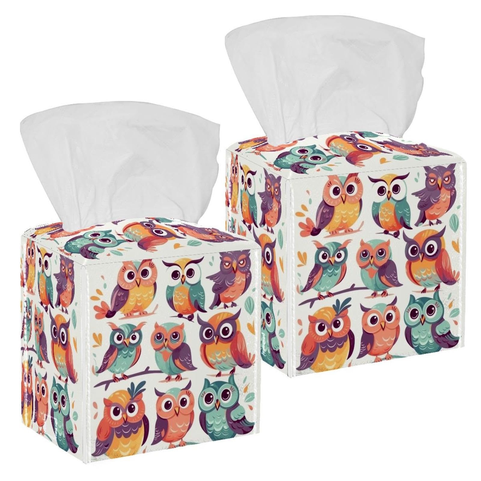 Cute Owls Tissue Box Cover, 2 Pack PU Leather Square Facial Tissue Dispenser Box holder for Home Office Car