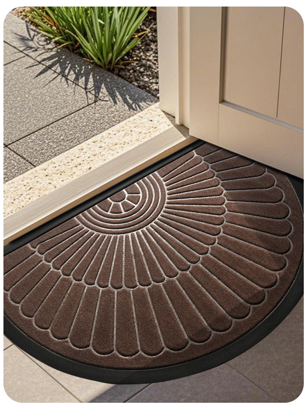 Gummi Fußmatte Halbrund für Innen und Außen - Outdoor Schmutzfangmatte Natur, Kokosmatte Outdoor Ornamente, Wetterfest und rutschfest für Flur, Terrasse, Eingangsbereich (Brown, 50cm*80cm)