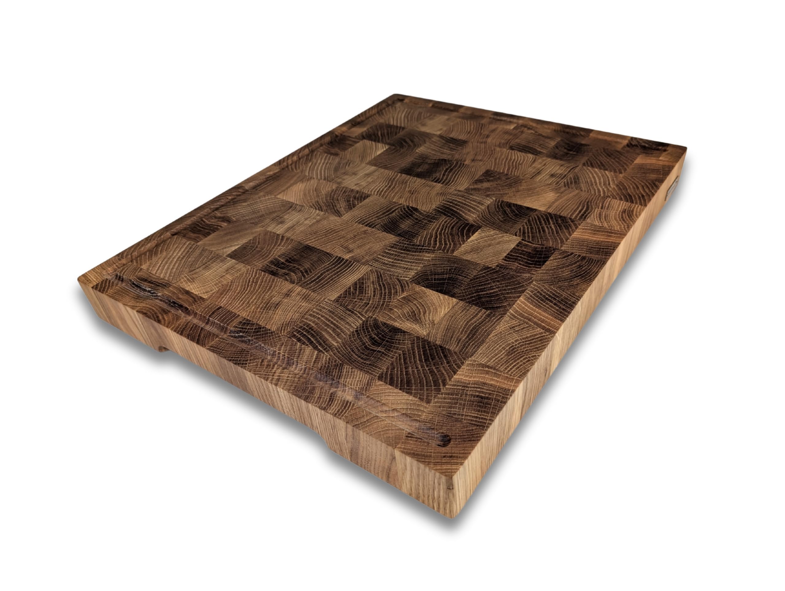 Hackblock XL Schneidebrett Stirnholz Eiche – 50x40x4,5 cm – Premium Tranchierbrett aus Holz mit Saftrille & rutschfesten Füßen – Profi-Qualität für Küche, Fleisch & Gemüse