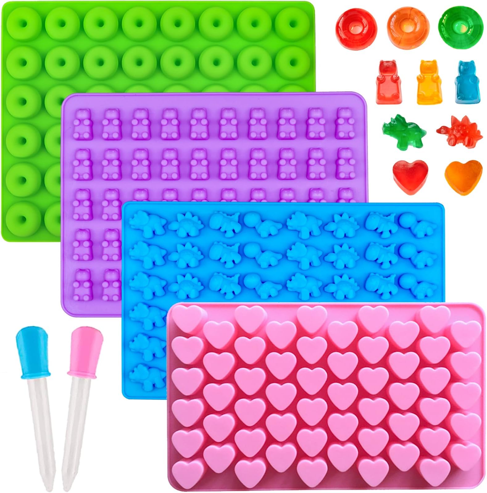 Warm TIME Silicone Gummy Bear Candy Molds, 4 Pack with 201 Cavities, Multi-Shape (Dinosaur, Bear, Heart, Mini Donut), Non-Stick, BPA Free