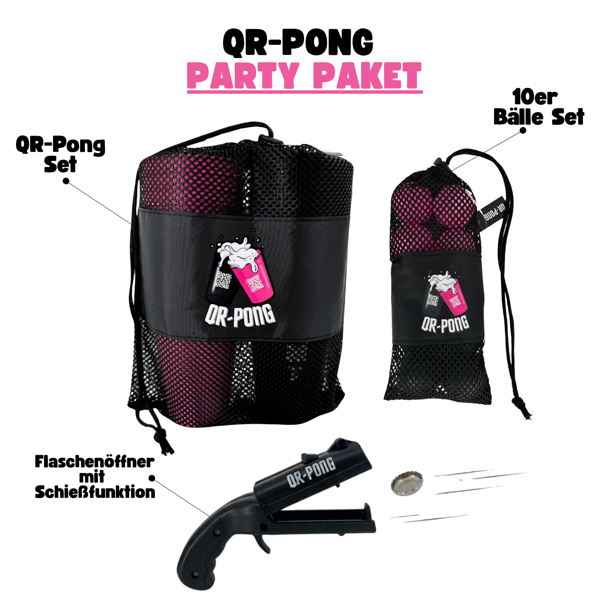 Beer Pong con app e 3.000 compiti divertenti, 22 bicchieri riutilizzabili in plastica dura, made in Germany, il regalo di compleanno più cool, gioco per bere [nero/rosa] (set da 10 palline)