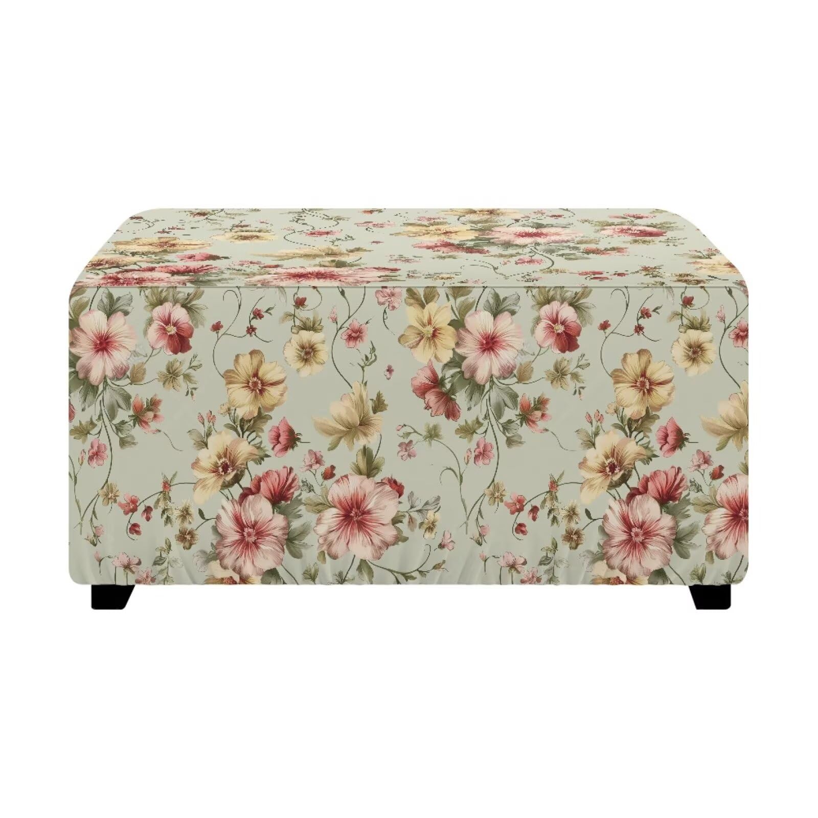 ZDCUSTOM Rectangle Ottoman Slipcover for Home Decoration Vintage Flowers Printed Footstool Cover with Elastic Bottom Easy to Install Footrest Stool Protector Cover