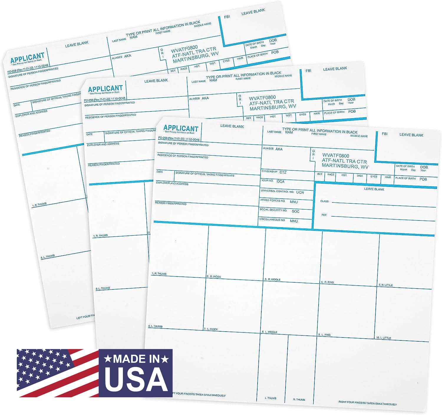 National Gun Trusts - Made in USA - FD-258 Fingerprint Cards 2026, 3 pack - 11-1-20 Version (ATF ORI)