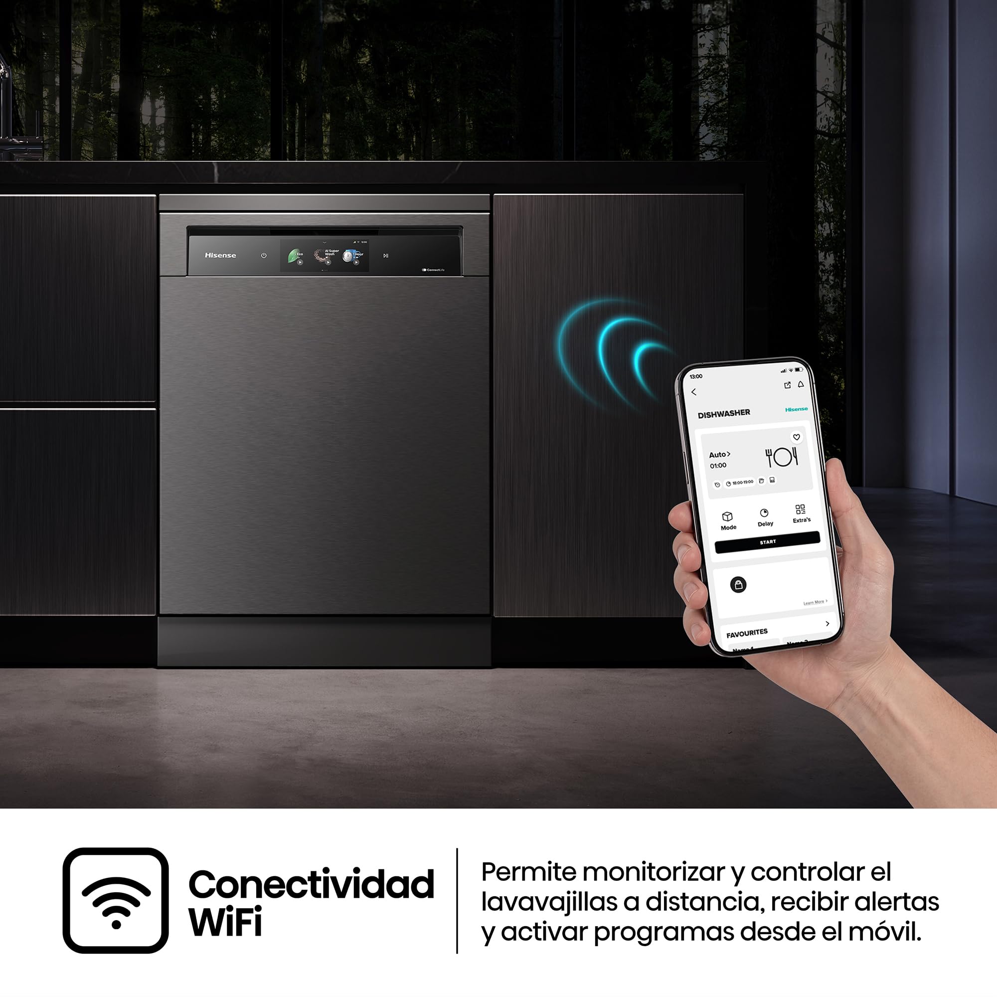 Hisense HS693A90ADBX - Lavavajillas Clase A, 16 Servicios, Fondo 60cm, Pantalla TFT Vision Plus 6.86", Super Wash IA, Programa ECO IA, Secado All Dry, Media Carga Auto, Tercera Bandeja, Inox