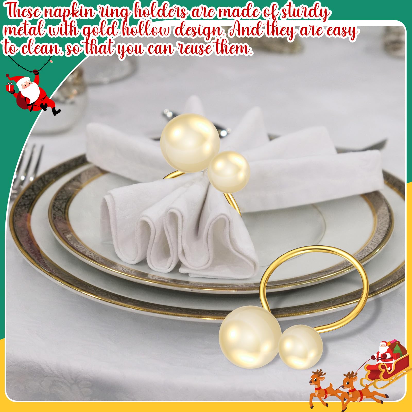 Sliner Lot de 100 ronds de serviette de table en perles dorées pour table de salle à manger, Noël, fête de mariage