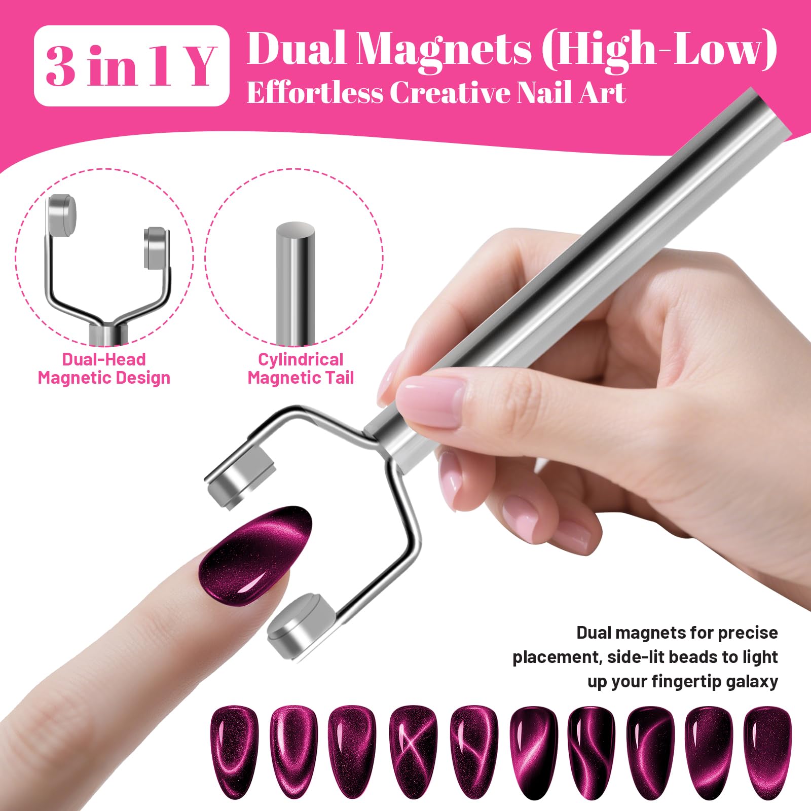 Juego de 3 imanes para arte de uñas, color rosa 6 en 1, forma de Y, doble cabeza y corazón, herramienta magnética para diseños de manicura de gel en salón y hogar 4
