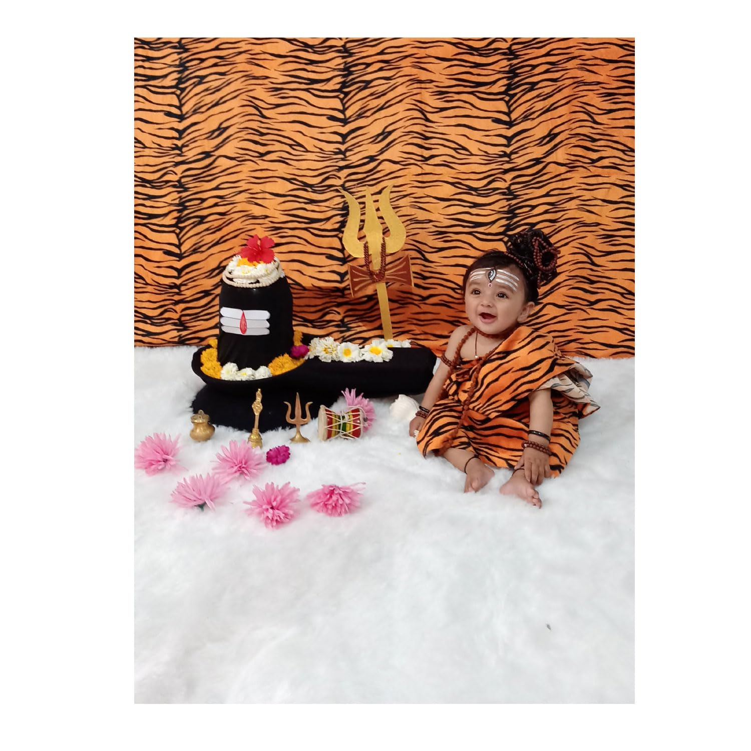 Quago Combo of 1 mtr White Fur Fabric and 1 mtr Bengal Tiger Print Velvet Fabric for Baby Photoshoot on Festival, Maha Shivratri, Shiva Photoshoot Props-image-37