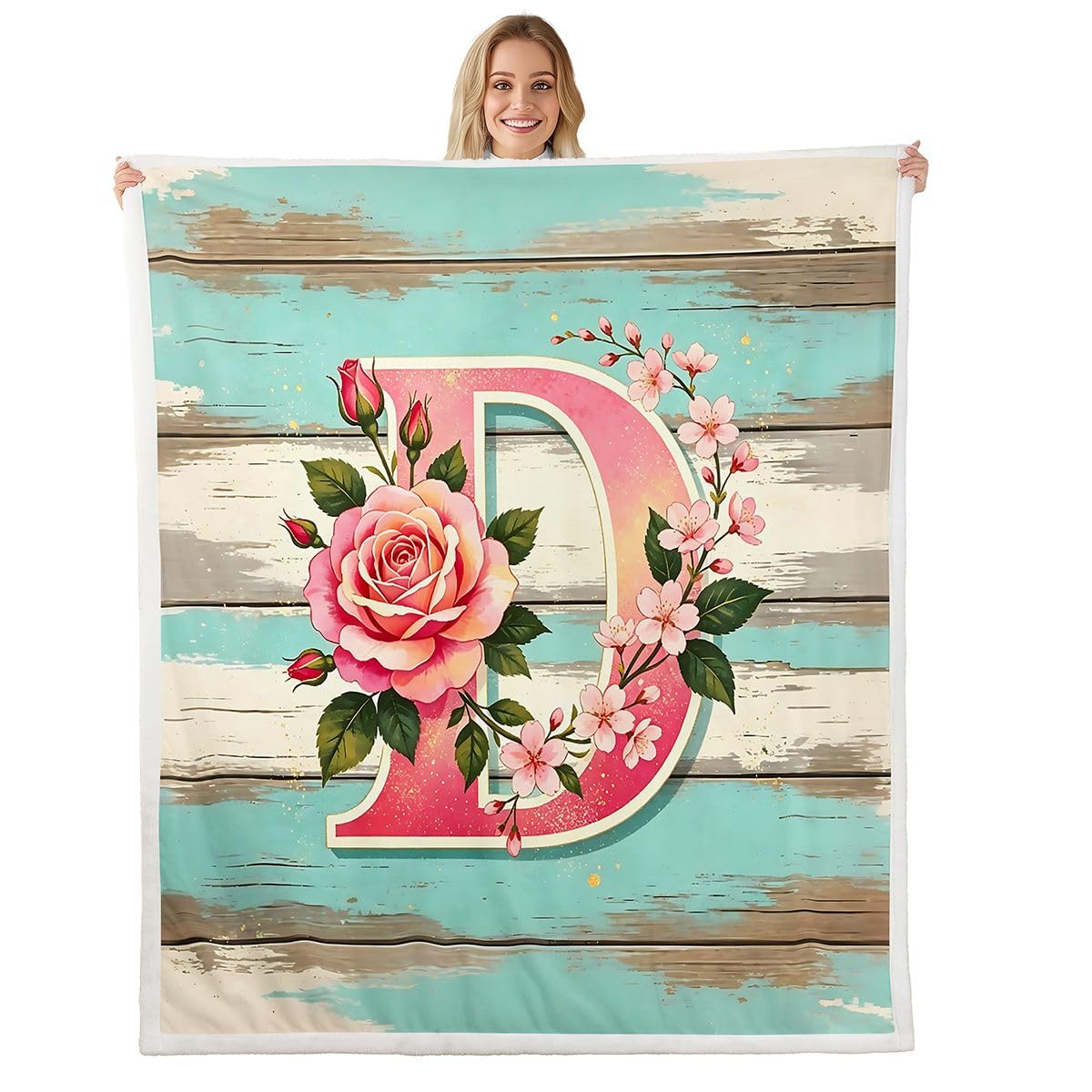 Homewish niestandardowy kwiatowy koc polarowy Twin 152 x 203 cm spersonalizowany inicjał D ciepły pluszowy koc typu sherpa wiosenne kwiaty puszysty pluszowy narzuta rustykalny styl wiejski do salonu