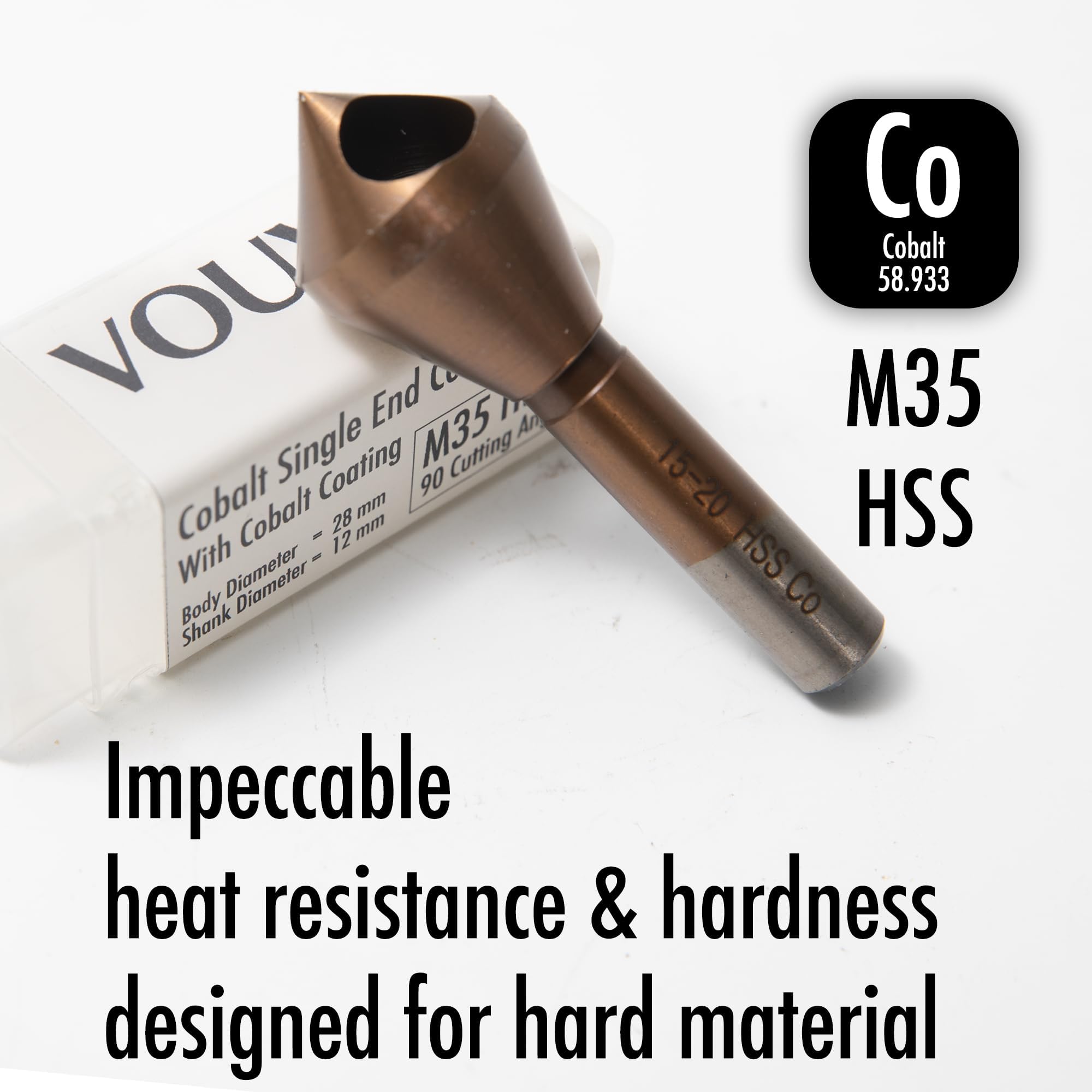 Broca avellanada de acero cobalto de 1 pulgada con acabado de revestimiento de cobalto para madera de metal duro, 90 grados M35 HSS, vástago redondo de 12 mm, diámetro del cuerpo de 28 mm