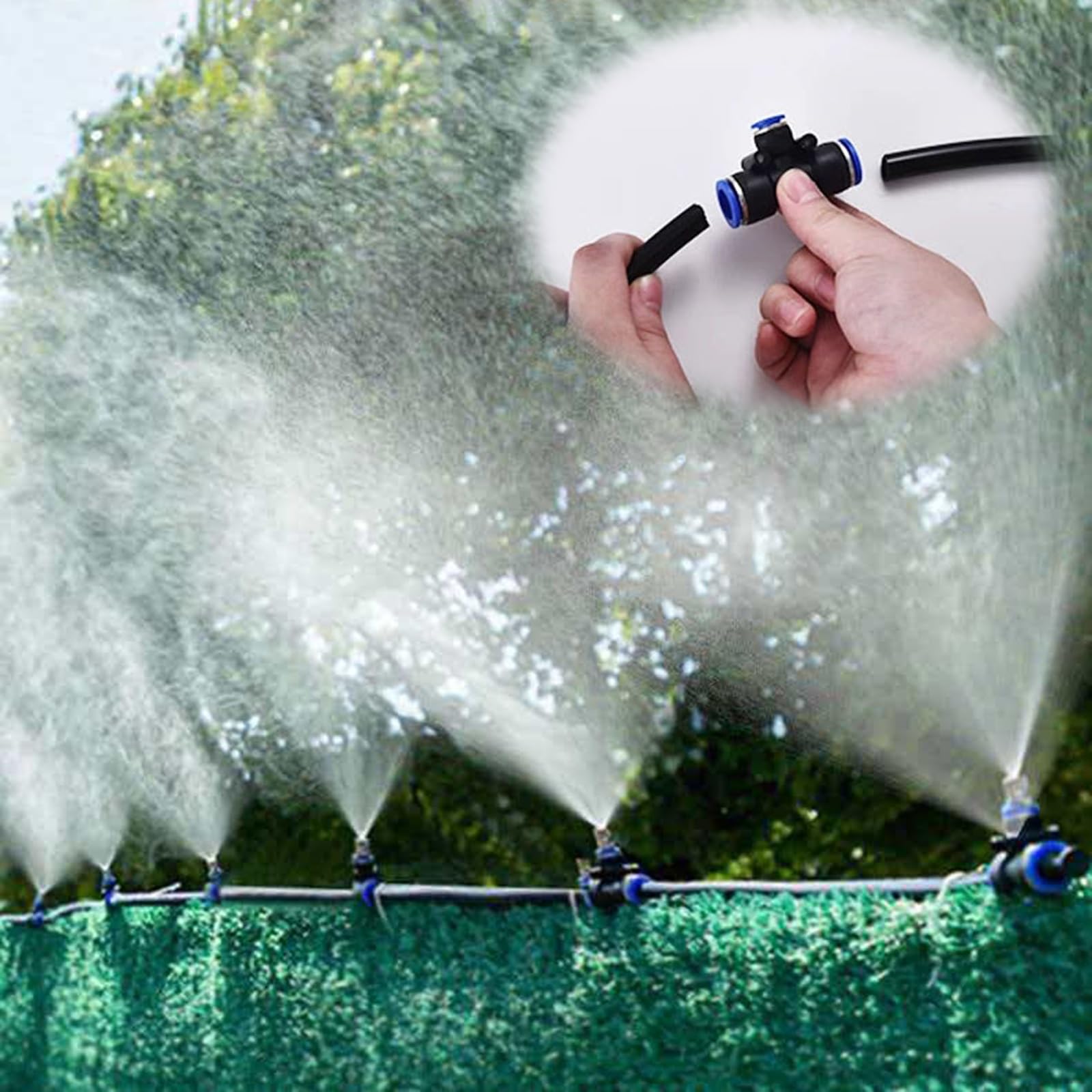Kit nebulizzatore da Giardino per raffrescamento/umidificazione | Kit irrigazione piante con tubo & ugelli, per raffreddamento di fabbriche e macchinari, interno/ esterno(15m/49ft)