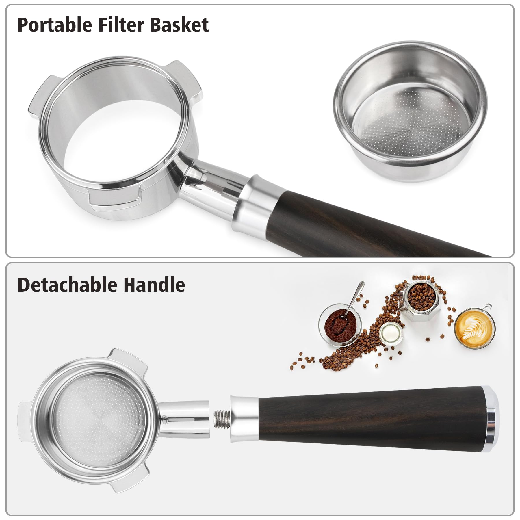 Portafiltro senza fondo da 54 mm per macchine Breville serie 8 | Cestello filtro incluso | Portafiltro da 54 mm con manico in legno massello adatto a Breville Barista Express